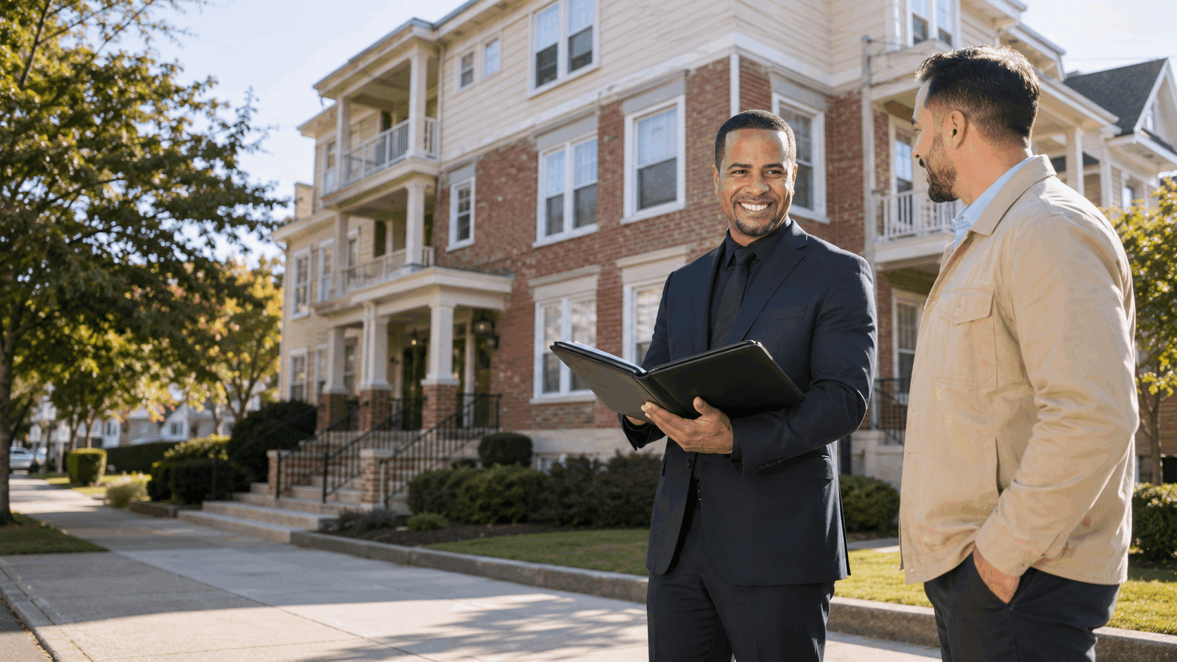 Johnny Rodriguez discusses a North Jersey multi-family home with an investor while holding a property folder outside the building.