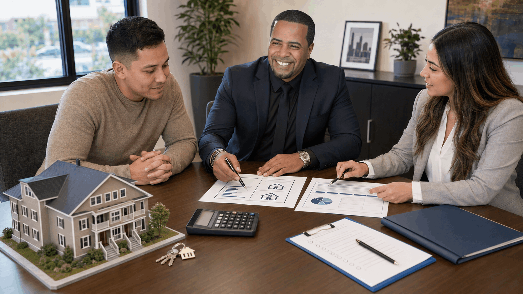 Johnny Rodriguez and a mortgage lender explain North Jersey multi-family financing options to a first-time buyer.