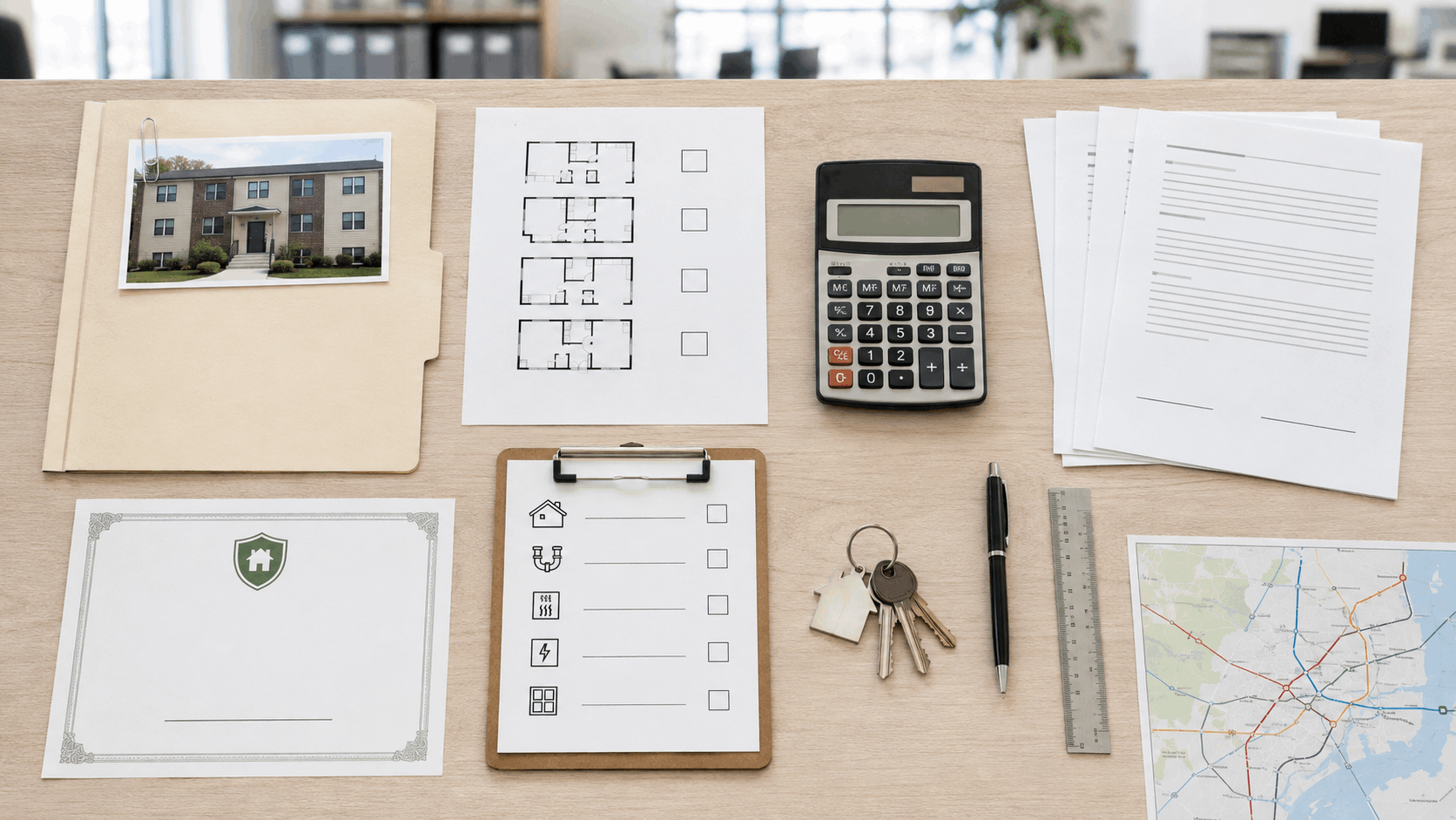 North Jersey multi-family investor workspace with property records, legal-unit checklist, mortgage calculator, leases, inspection documents, and keys.