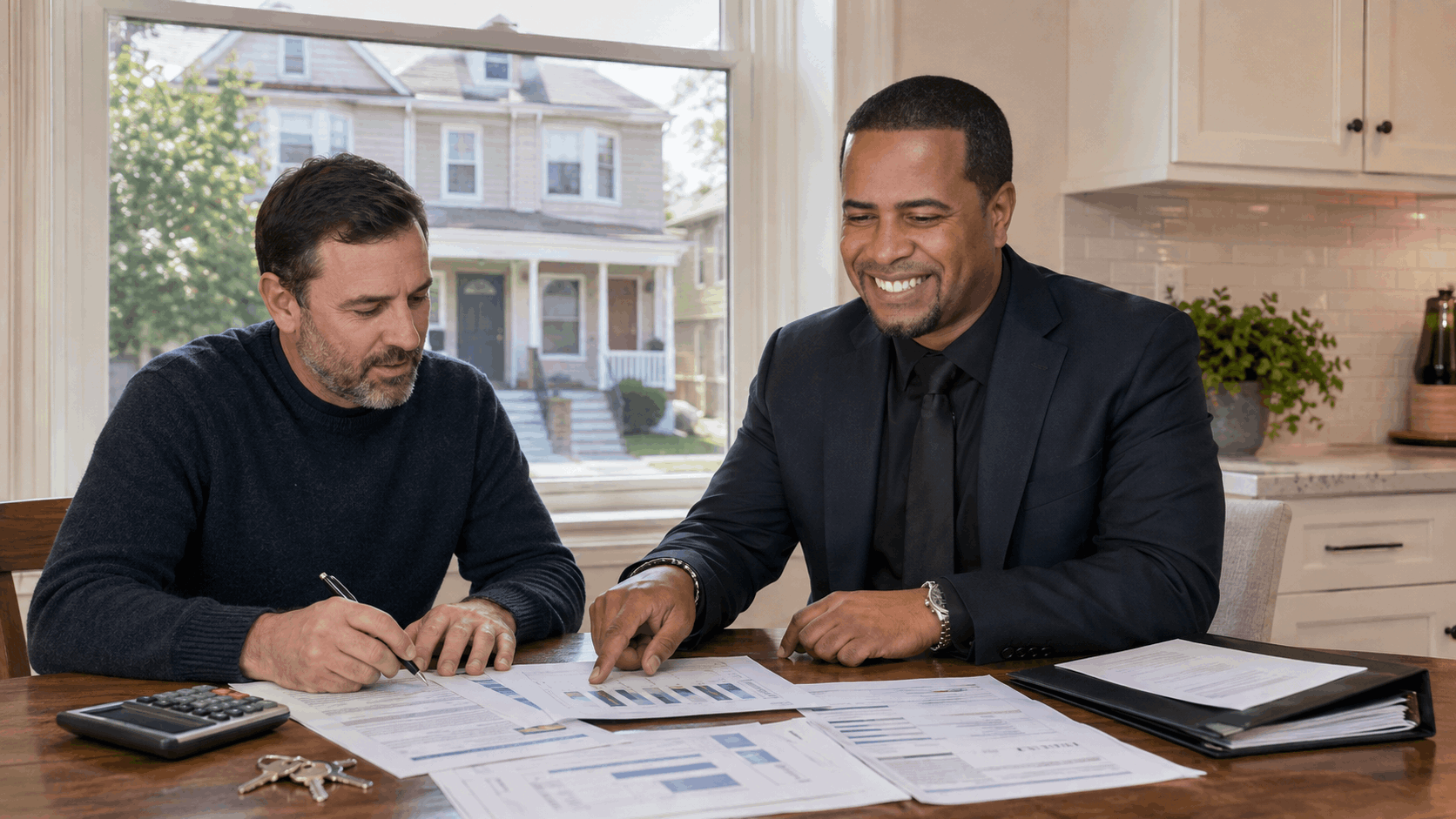 Johnny Rodriguez and a North Jersey investor calculate a multi-family property budget with tax, insurance, repair, and rental documents.