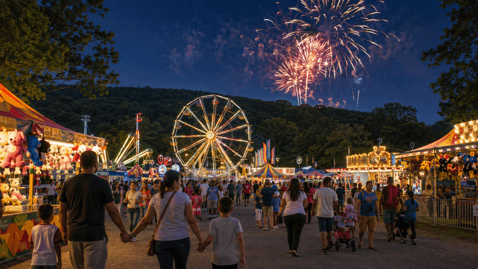 Families enjoy a Passaic County summer fair at Garret Mountain Reservation with carnival rides, a Ferris wheel and fireworks.