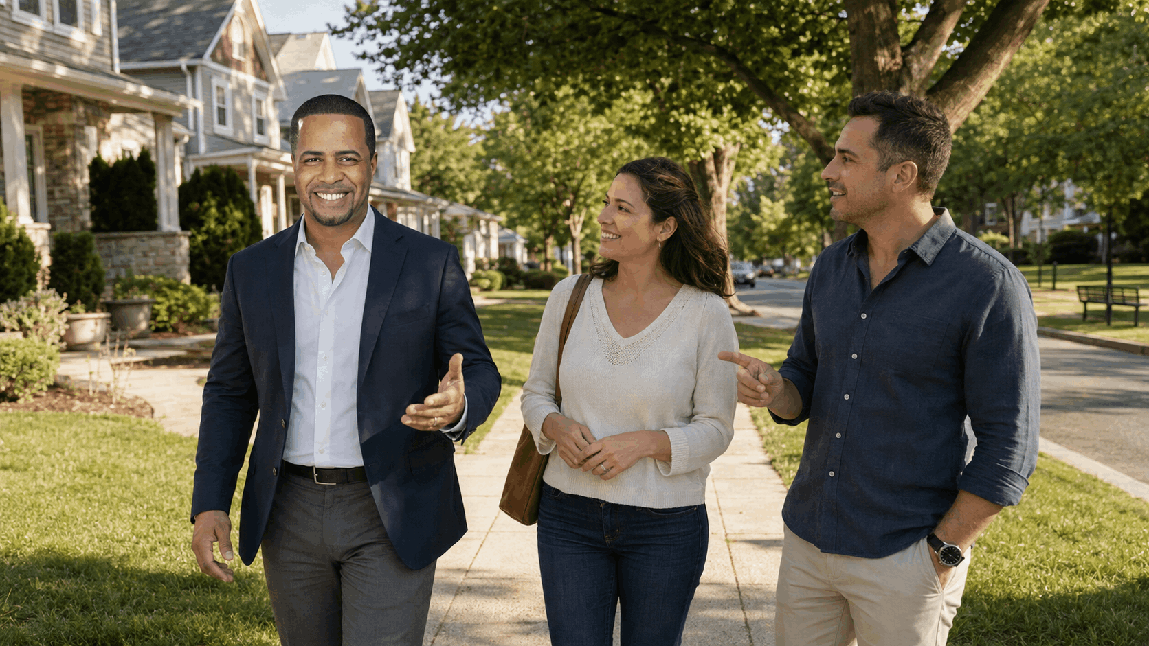 Johnny Rodriguez walks with homebuyers through an established Clifton neighborhood with single-family homes, mature trees and sidewalks.
