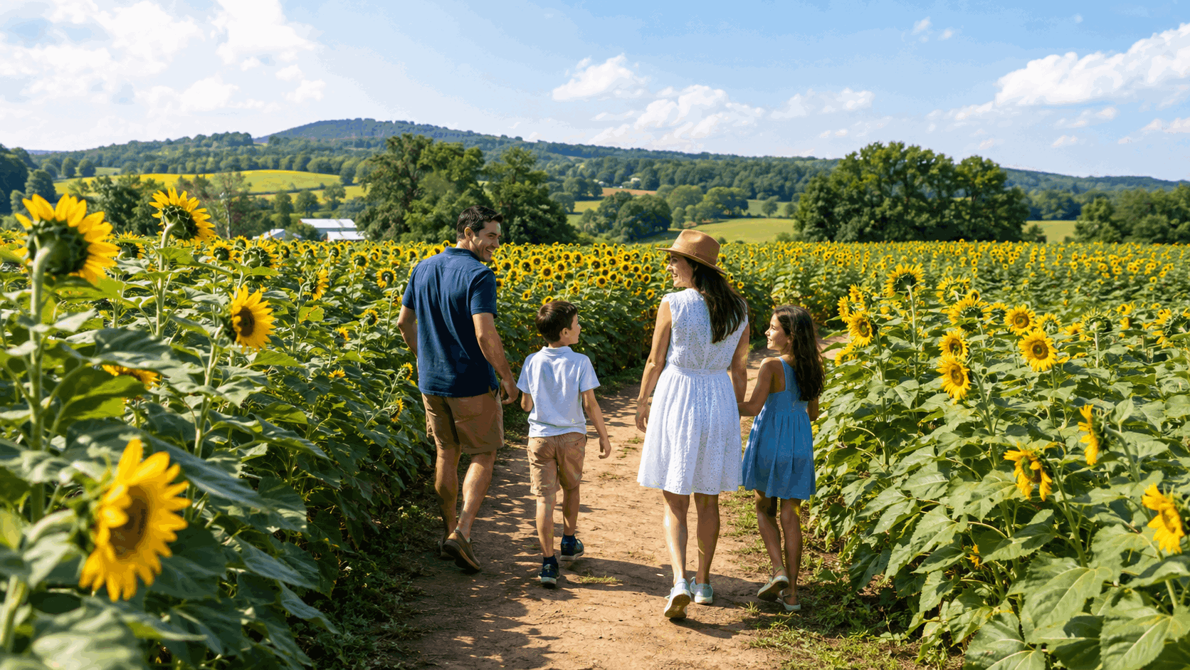 Family walking through a winding Sussex County sunflower maze surrounded by bright blooms and rolling North Jersey farmland.
