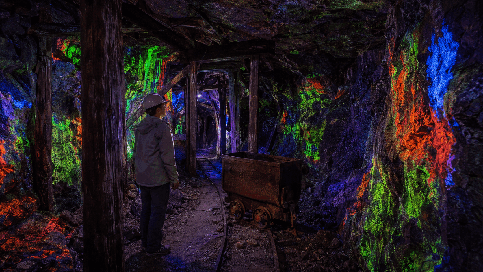 Visitor explores the Sterling Hill zinc mine Rainbow Tunnel with fluorescent minerals, wooden supports and a vintage ore cart.