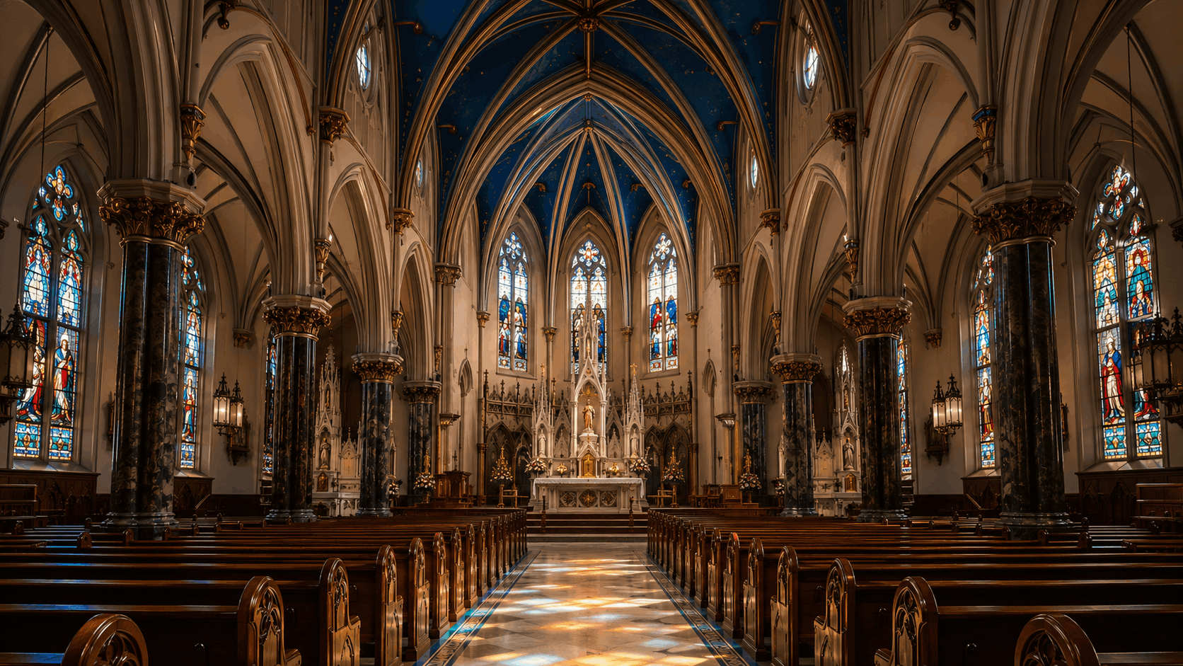 Historic Hoboken church sanctuary with Gothic Revival arches, a blue ribbed ceiling, stained-glass windows and polished wooden pews.