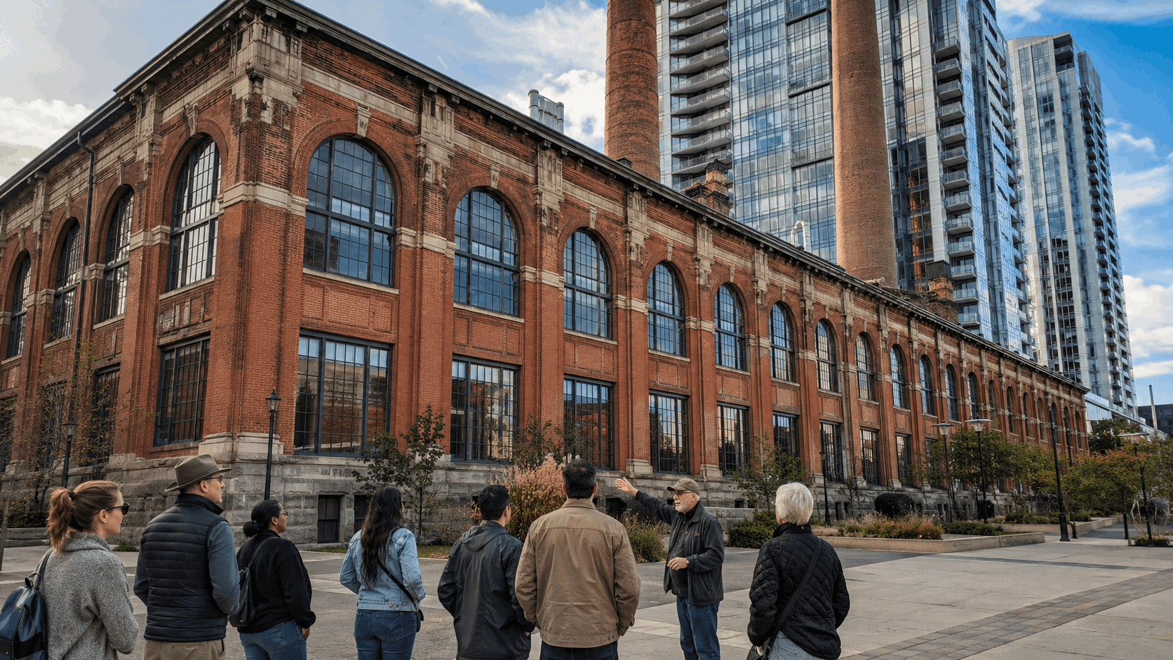 Hudson and Manhattan Railroad Powerhouse in Jersey City with red-brick arches, smokestacks, glass towers and a walking tour.