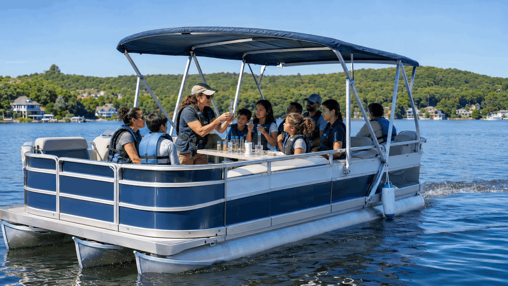 Families and children conduct water testing with an environmental educator aboard a floating classroom on Lake Hopatcong.