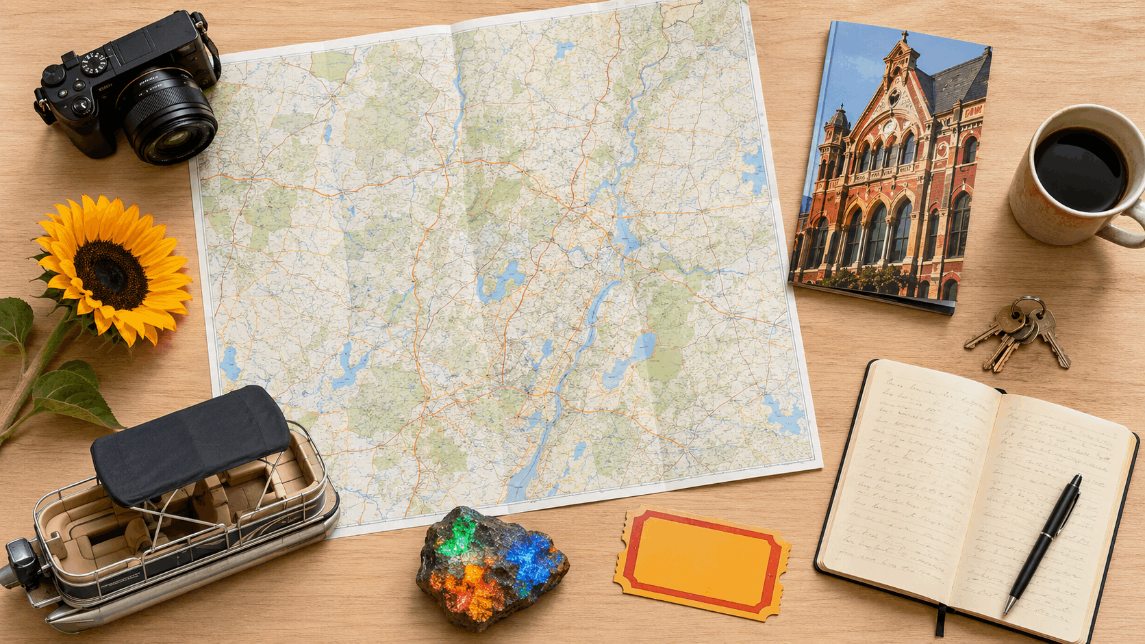 North Jersey day-trip planning flat lay with a regional map, camera, sunflower, pontoon boat, mineral sample, keys and notebook.