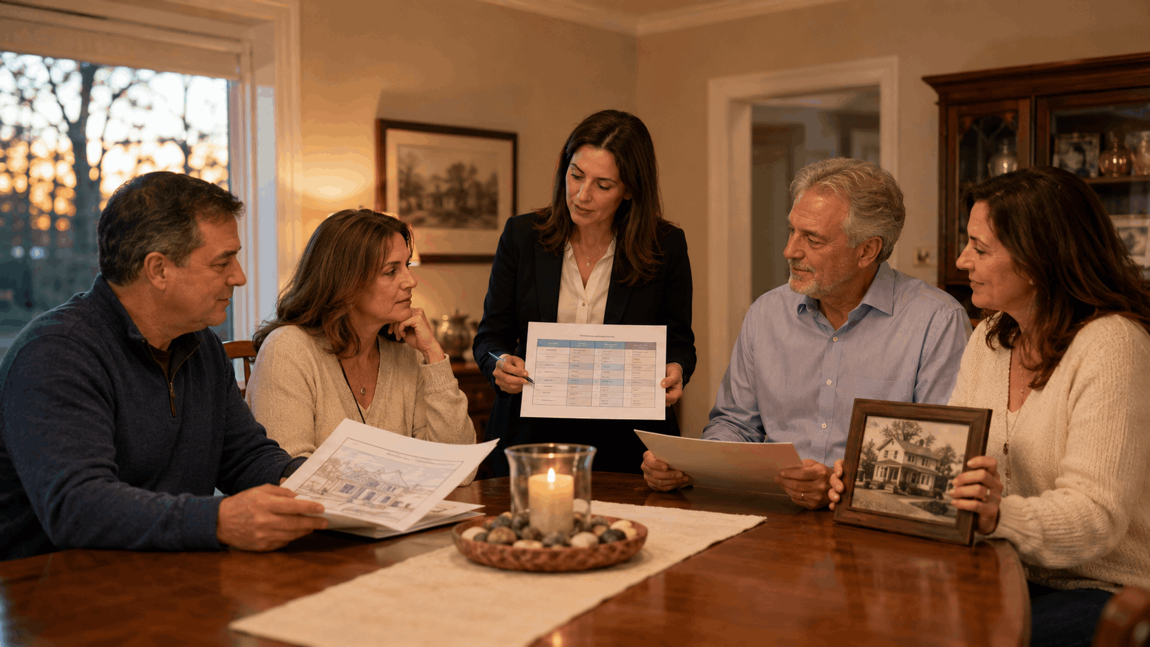 Three heirs discussing renovation, an as-is offer, and family memories with a real estate professional comparing costs, timeline, and projected net proceeds inside an inherited North Jersey home.
