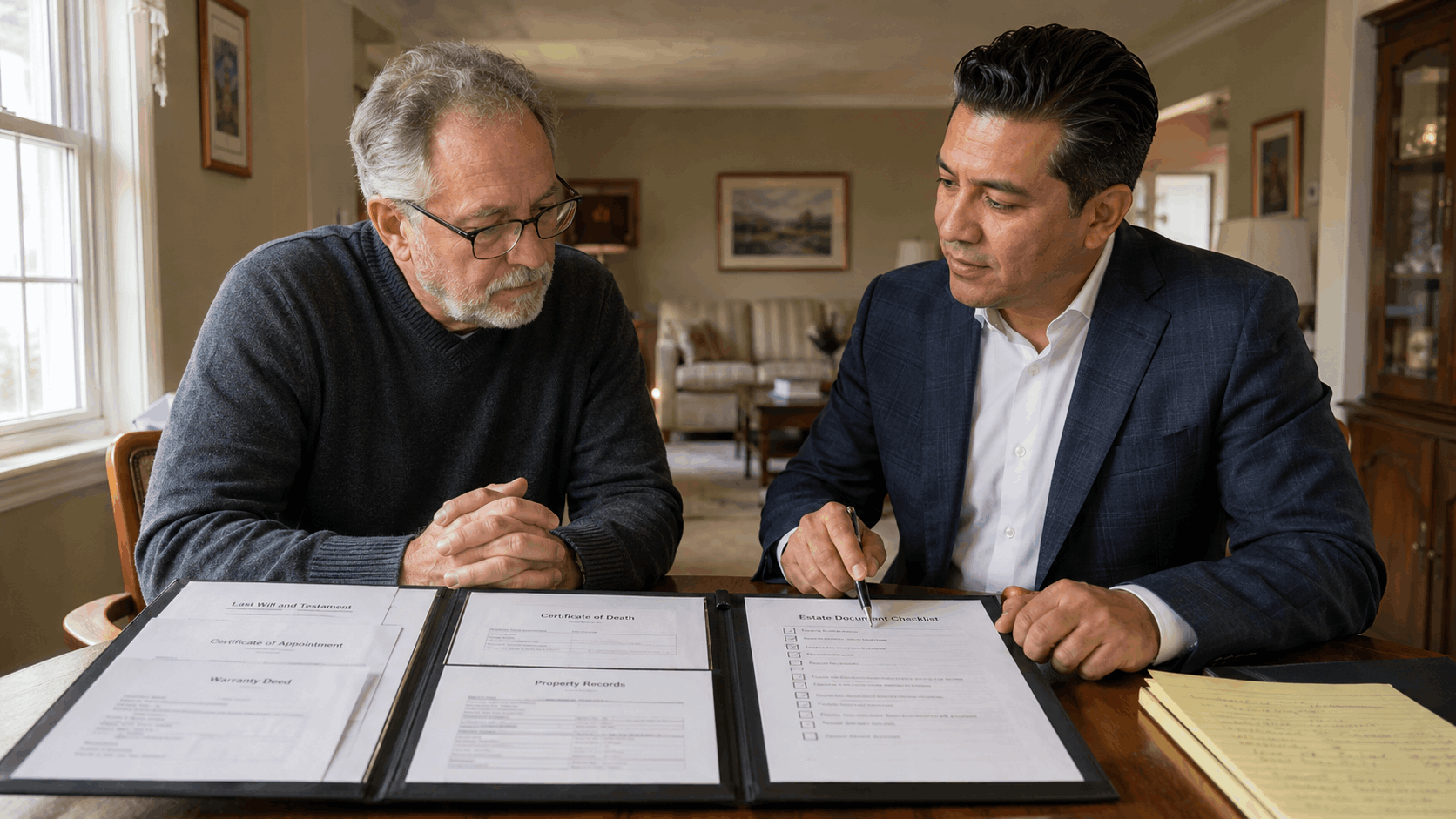 Executor reviewing an estate folder with a real estate professional at a dining table inside an inherited home, with documents representing a will, short certificate, deed, death certificate, property records, and a checklist.