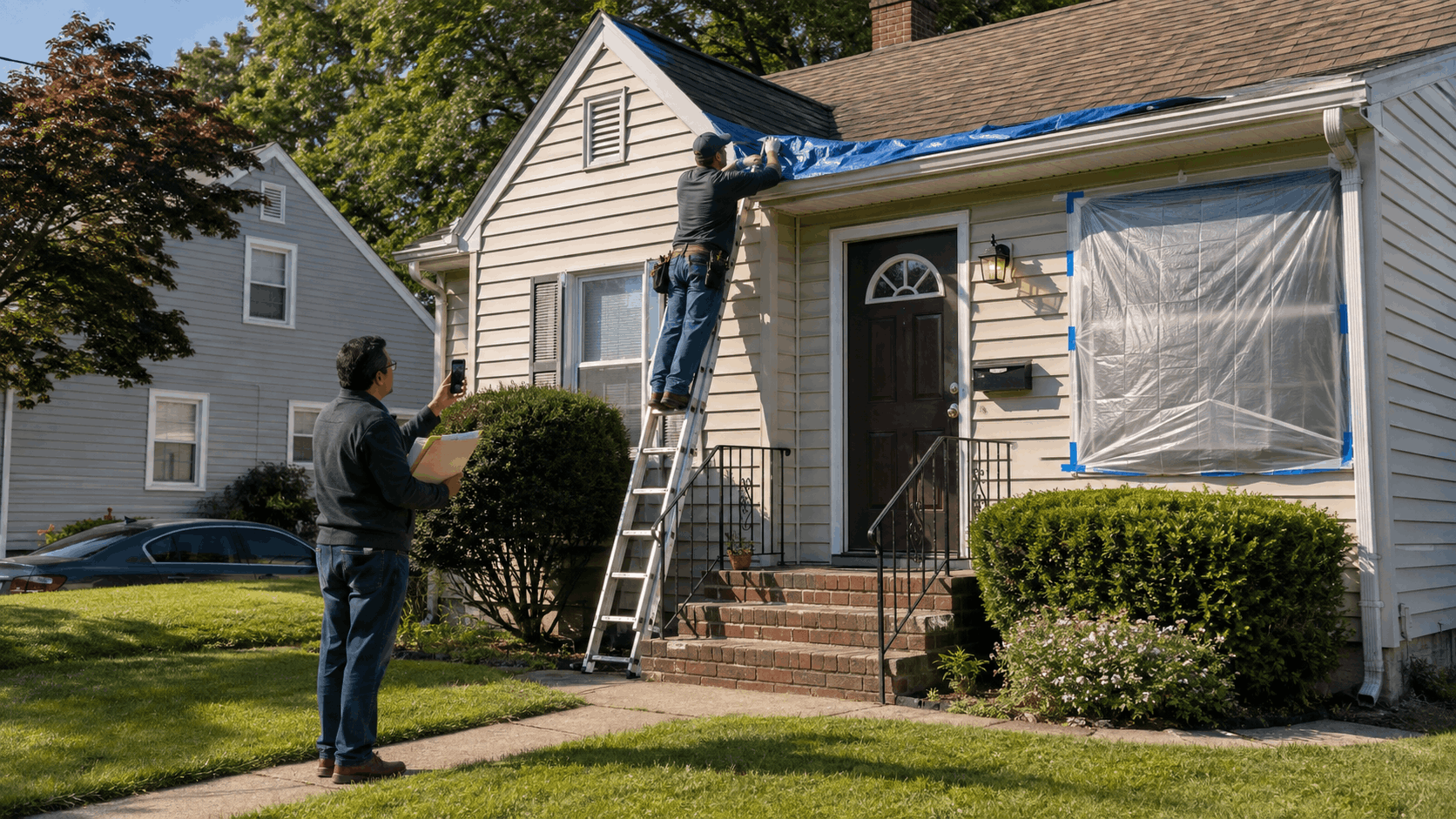 Contractor making an emergency roof repair on a modest inherited North Jersey home while an executor documents the work, with a secured front door, covered window, trimmed lawn, and clear walkway visible.