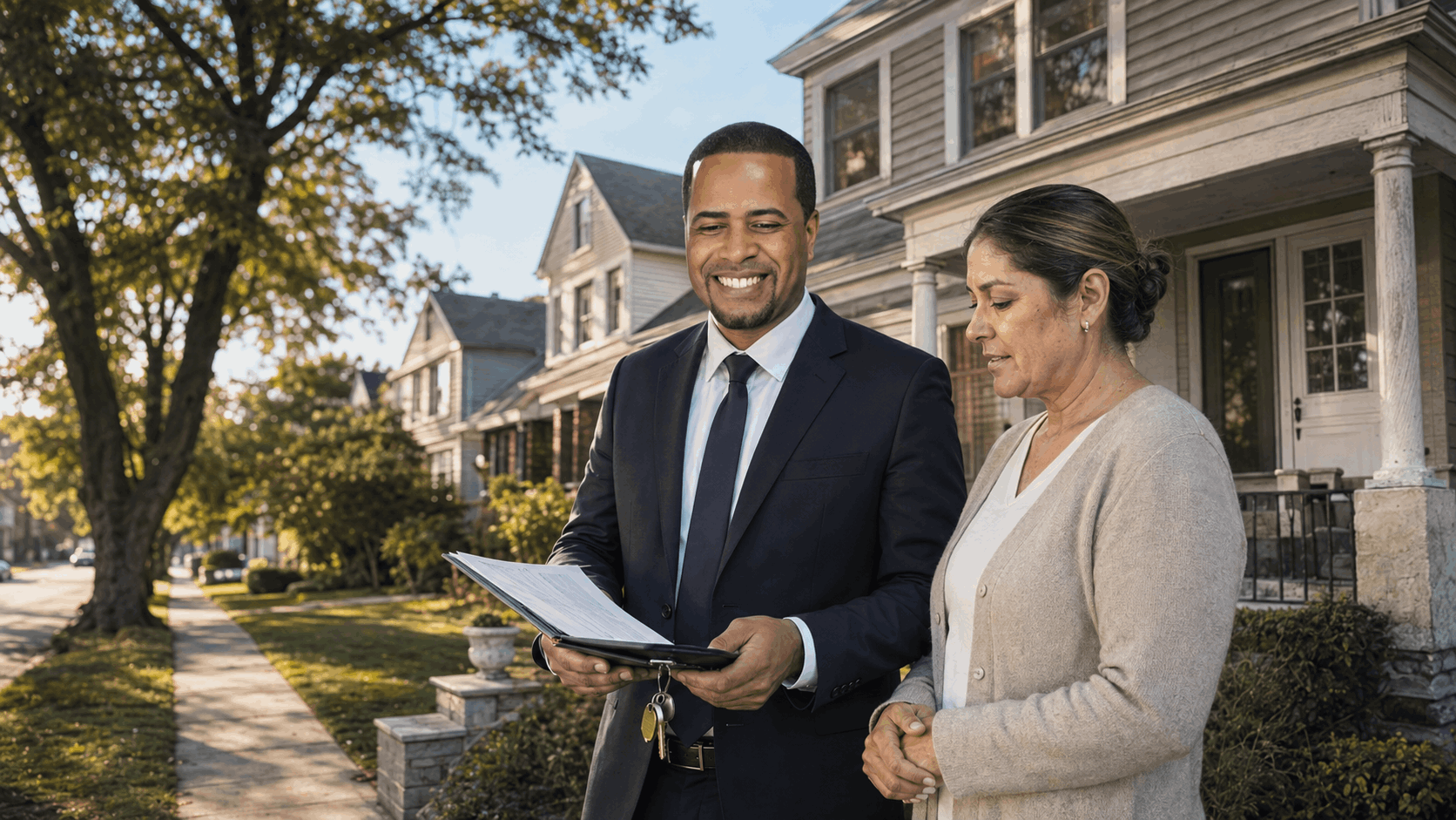 Johnny Rodriguez standing with an executor outside a slightly dated inherited home in North Jersey, reviewing estate paperwork and house keys on a quiet tree-lined residential street.