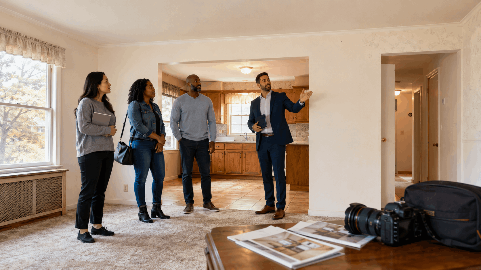 Bright interior photo of a dated inherited North Jersey home prepared for an as-is sale, with an agent showing the property to diverse buyers while a professional camera and listing materials sit in the foreground.