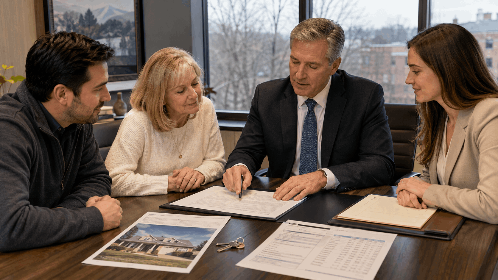 Executor, real estate professional, cleanout provider, and closing attorney reviewing a payment-at-closing agreement with house keys, an inherited home photo, estimates, and settlement documents in a modern North Jersey office.