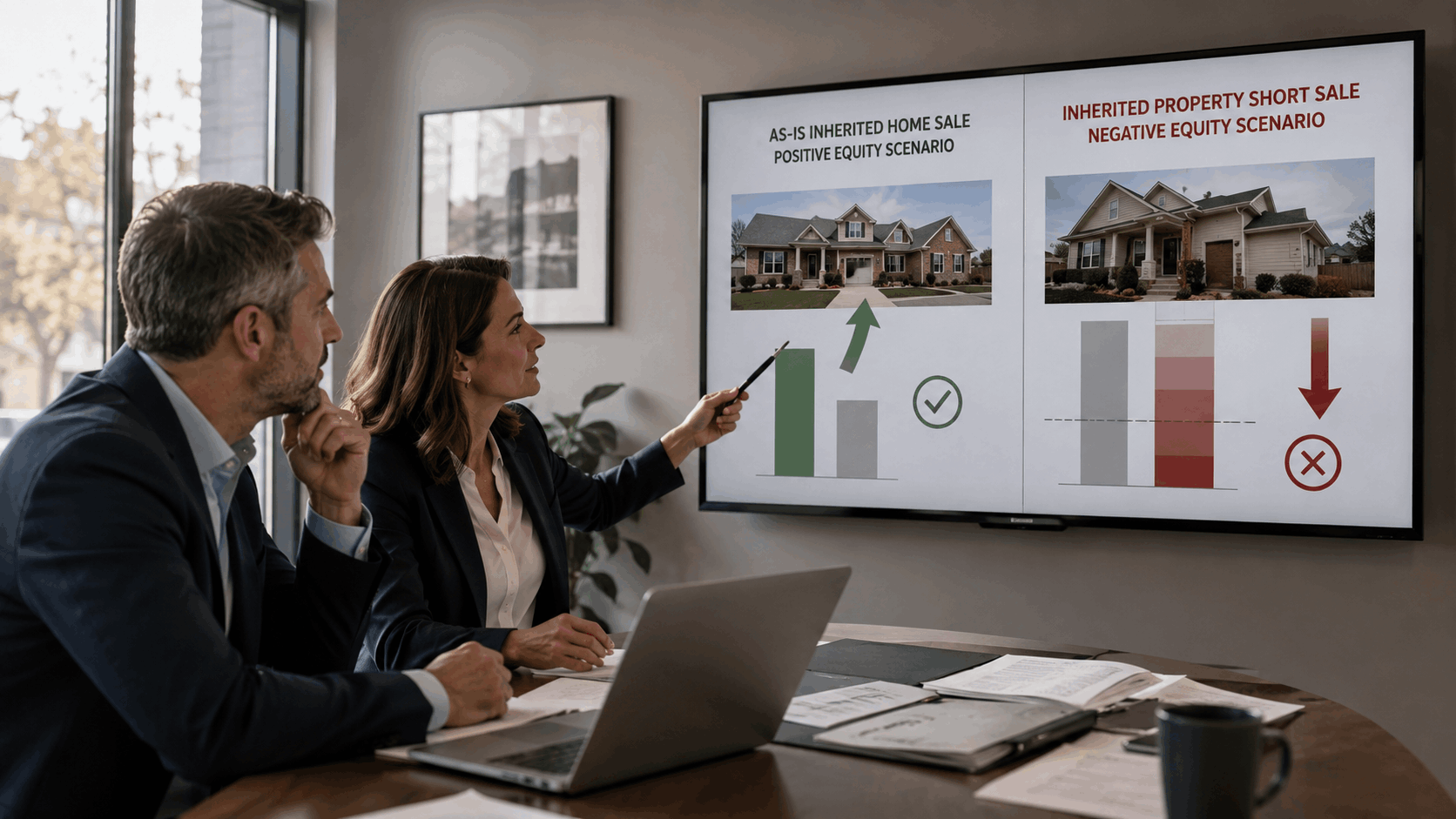 Executor and short-sale specialist comparing a positive-equity inherited home sale with an underwater property where the mortgage, liens, and costs exceed the expected sale price.