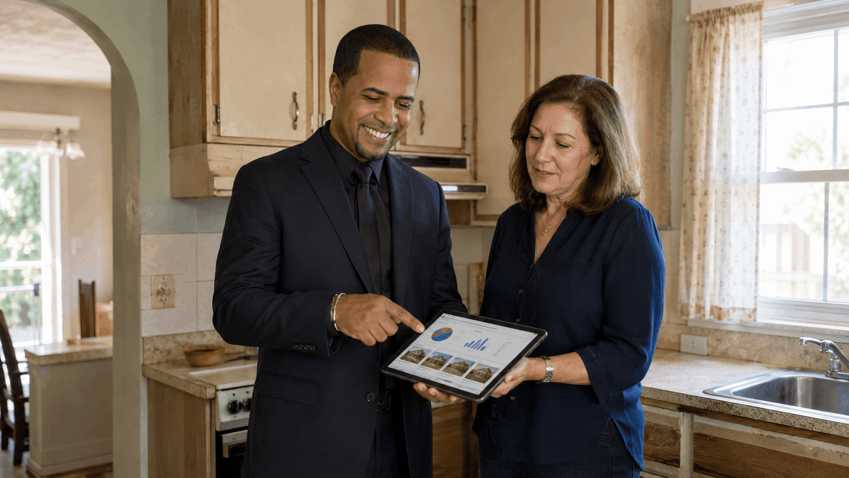 Johnny Rodriguez reviewing an as-is home valuation with an executor in a dated inherited-home kitchen, using a tablet showing comparable homes, repair estimates, and projected net proceeds.