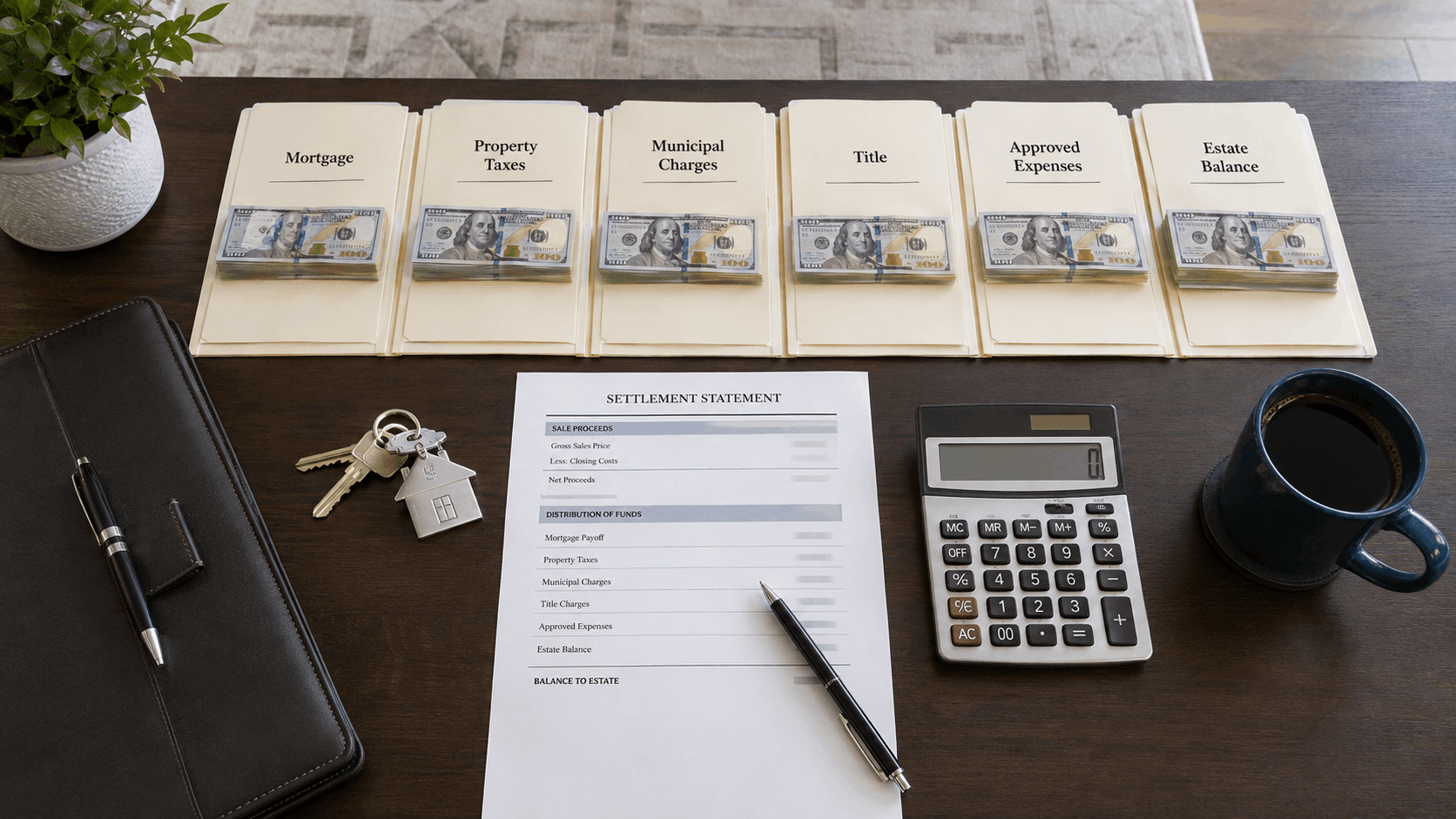 Overhead closing-table scene showing inherited-home sale proceeds allocated to mortgage, property taxes, municipal charges, title fees, approved expenses, and the remaining estate balance, with house keys, a calculator, and a settlement statement.