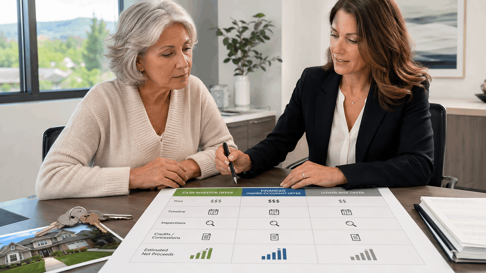 Executor and North Jersey real estate professional comparing three inherited-home purchase offers by price, timeline, inspections, credits, and estimated net proceeds.