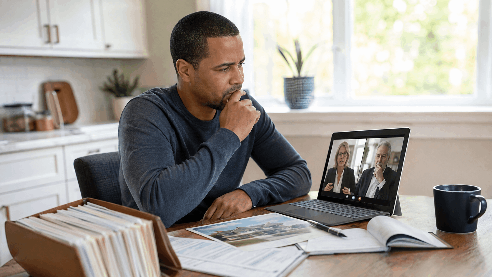 Concerned heir reviewing insurance and repair bills at a kitchen table while speaking by video call with an executor and estate attorney about an inherited home payment.