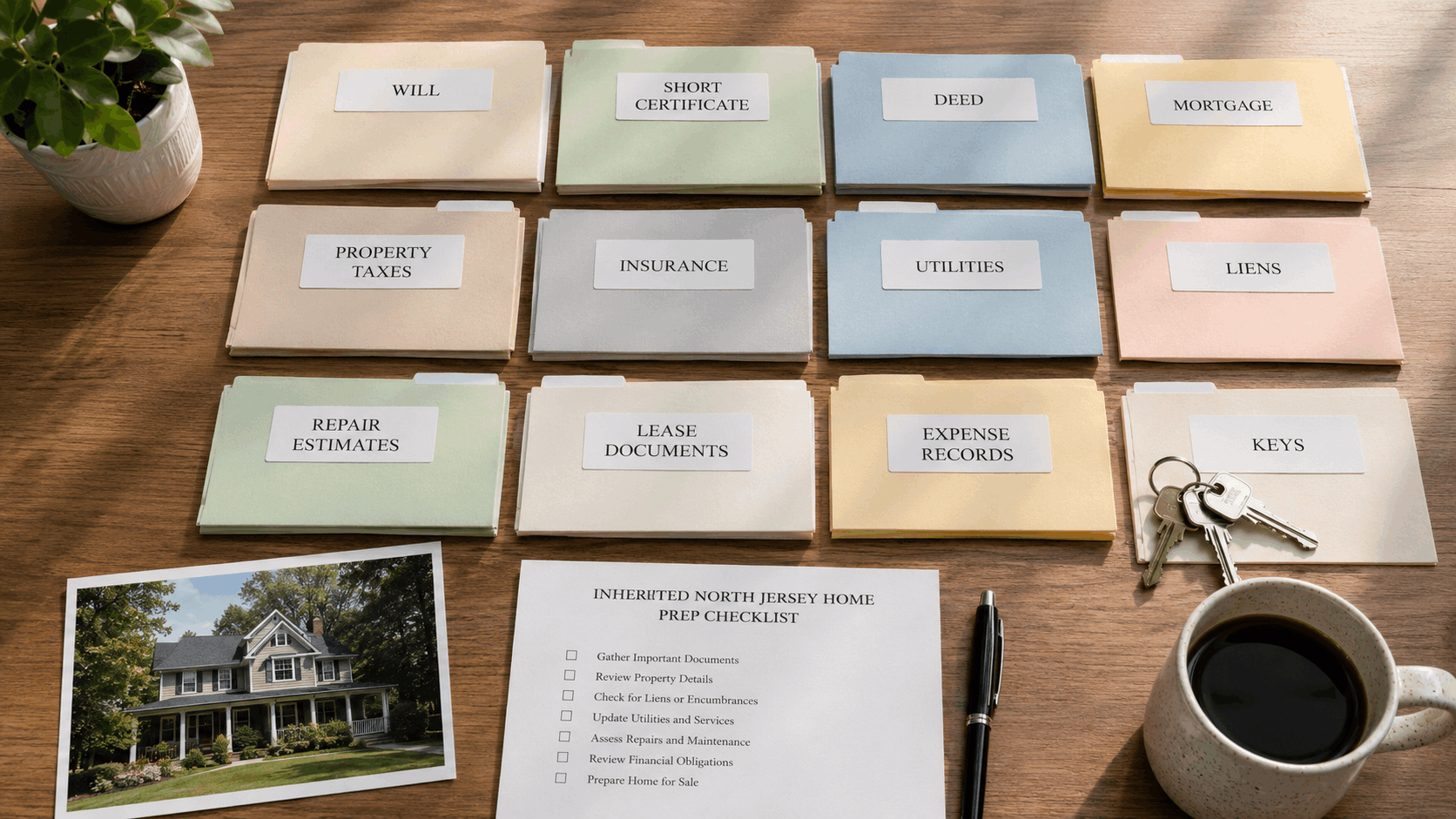 Organized flat-lay checklist for preparing an inherited North Jersey home for sale, with labeled folders for estate documents, property expenses, liens, repair estimates, lease records, keys, and a house photo.