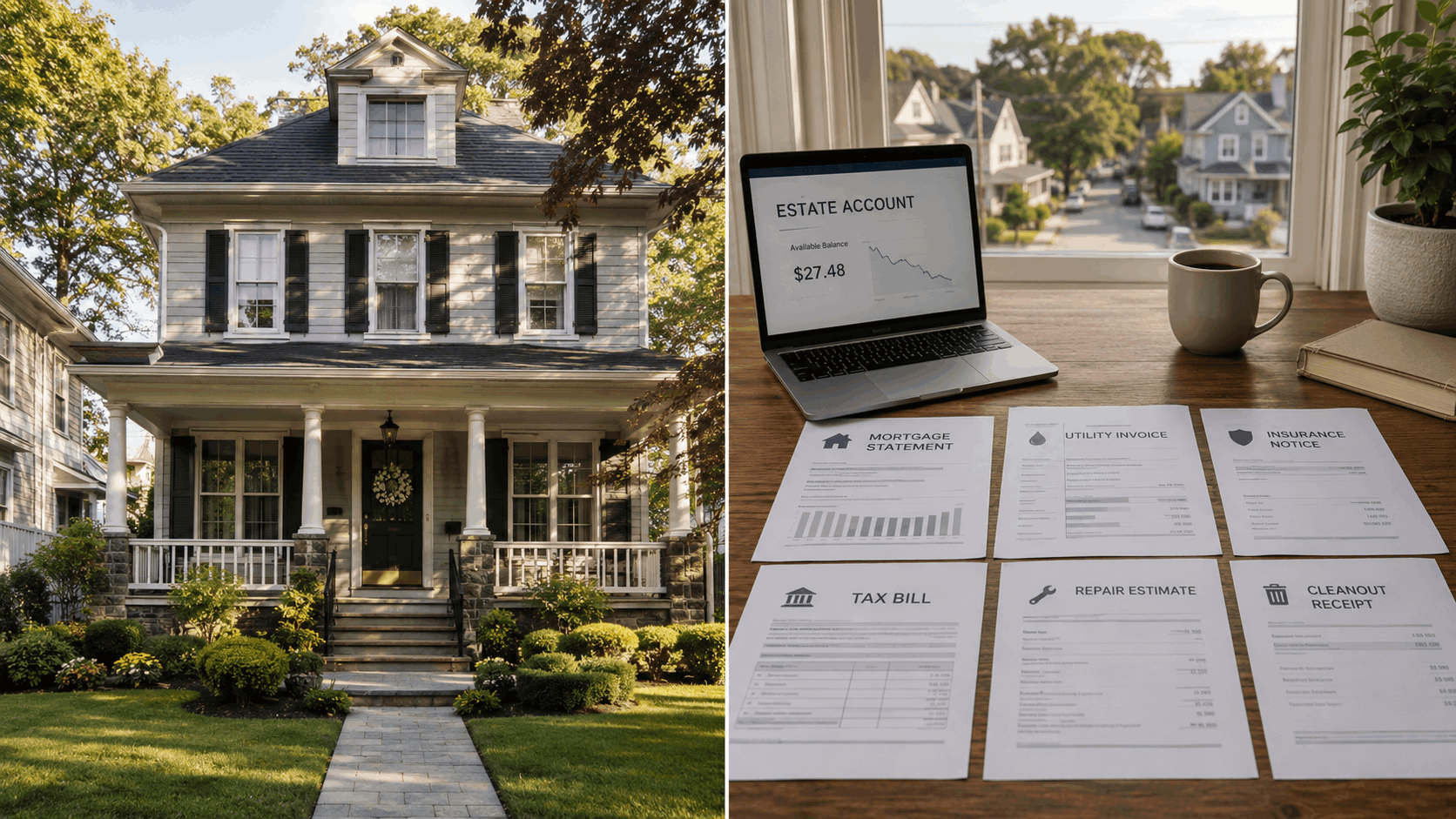 Split-scene blog image showing a valuable inherited North Jersey house beside an almost-empty estate account and neatly arranged property bills, including mortgage, utilities, insurance, taxes, repairs, and cleanout costs.