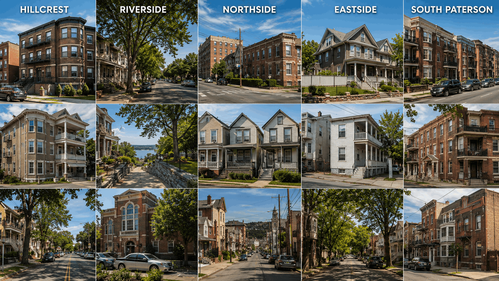 Collage of five Paterson NJ neighborhoods featuring brick multi-family homes, historic residences, tree-lined streets, and mixed-density housing.