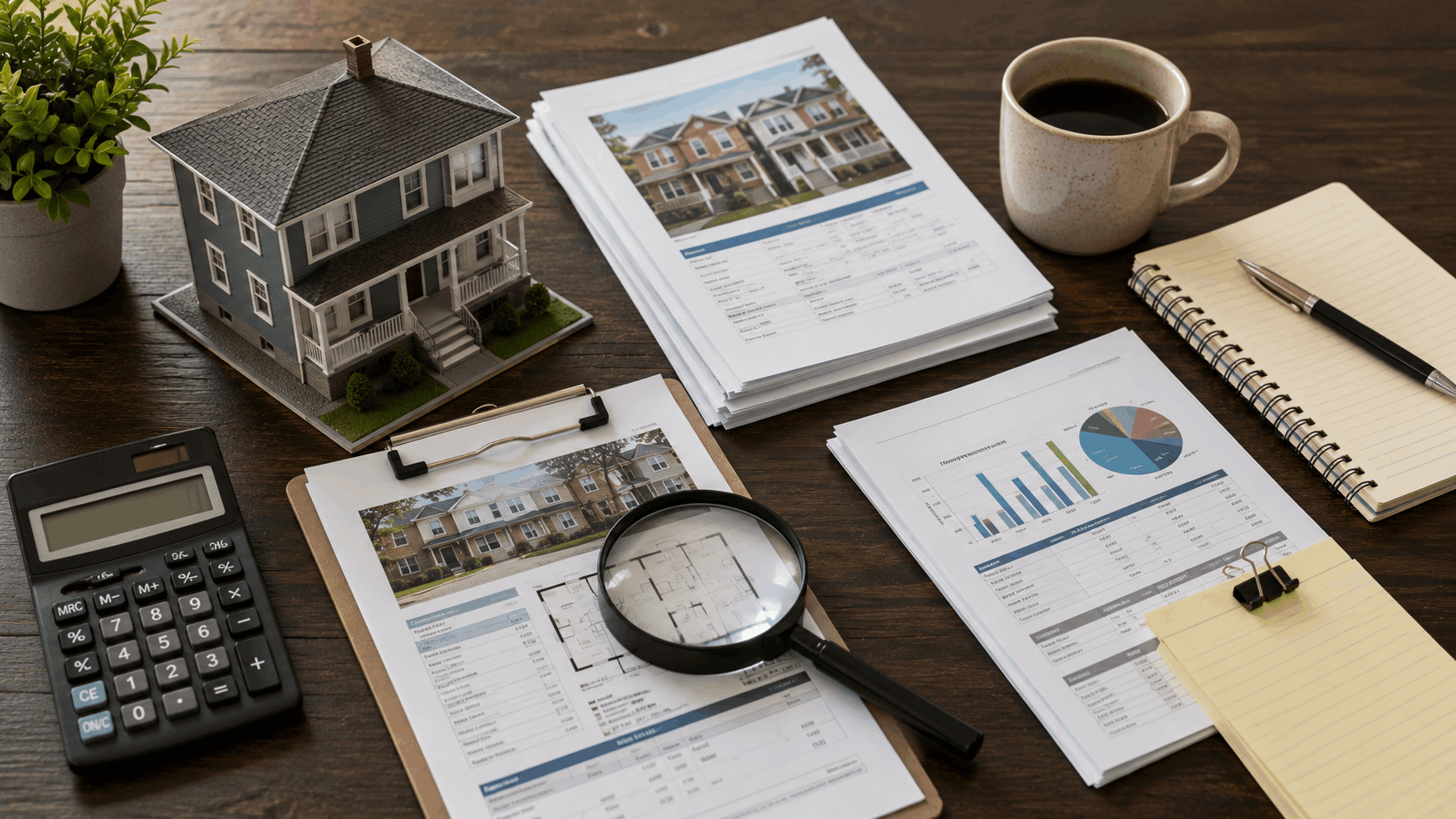 Paterson NJ two-family home investment analysis with property reports, calculator, magnifying glass, and real estate market documents.
