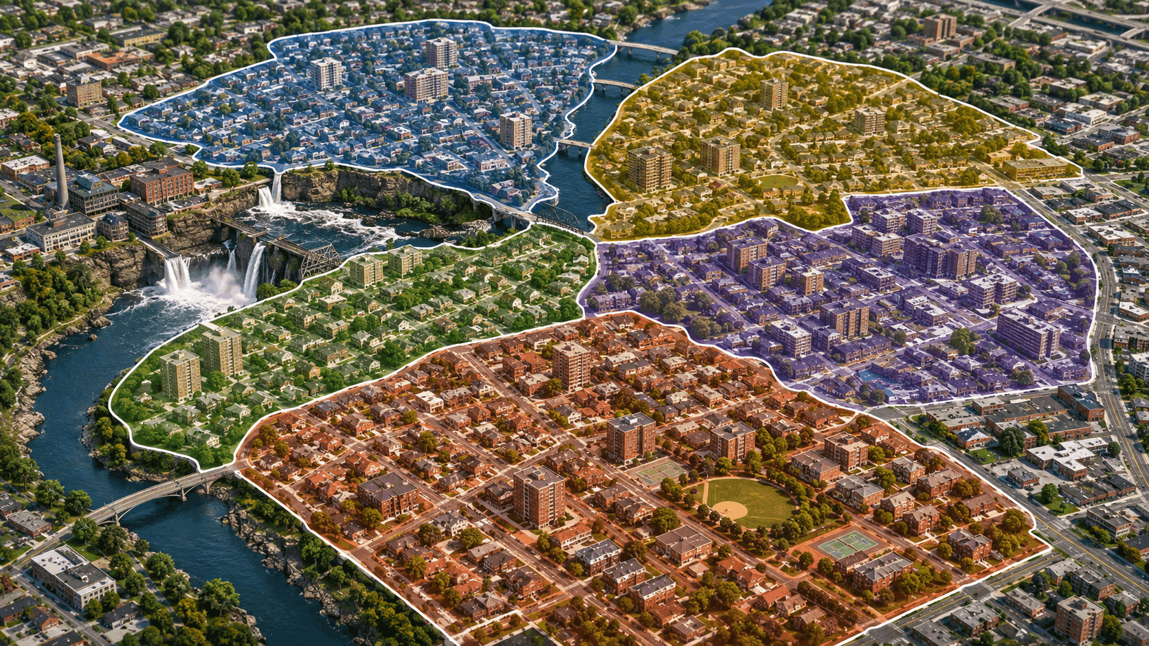 Map-style aerial illustration of Paterson NJ with highlighted neighborhood zones, multi-family housing areas, the Passaic River, and Great Falls.