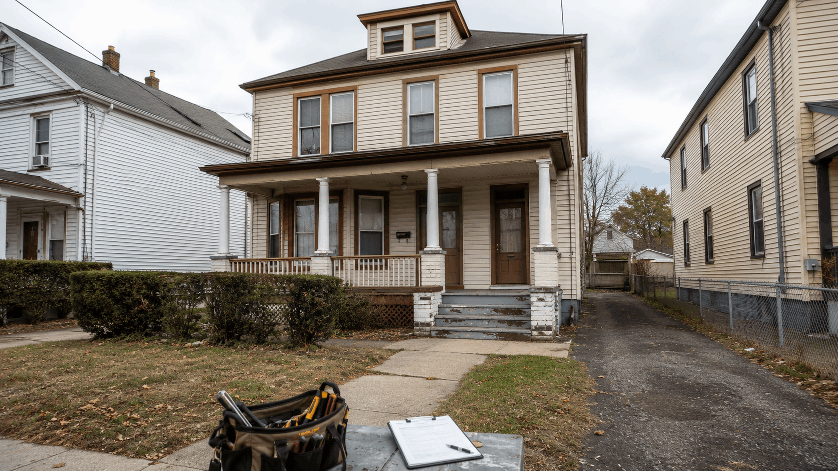 Older Paterson NJ two-family home with a front porch, narrow driveway, tool bag, and inspection clipboard for an investment property evaluation.