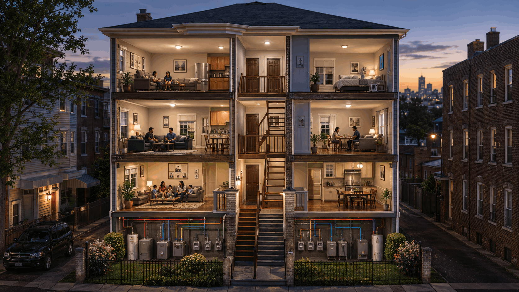 Owner-occupied Paterson NJ three-family home cutaway showing a homeowner’s unit, two tenant apartments, shared utilities, and separate living spaces.