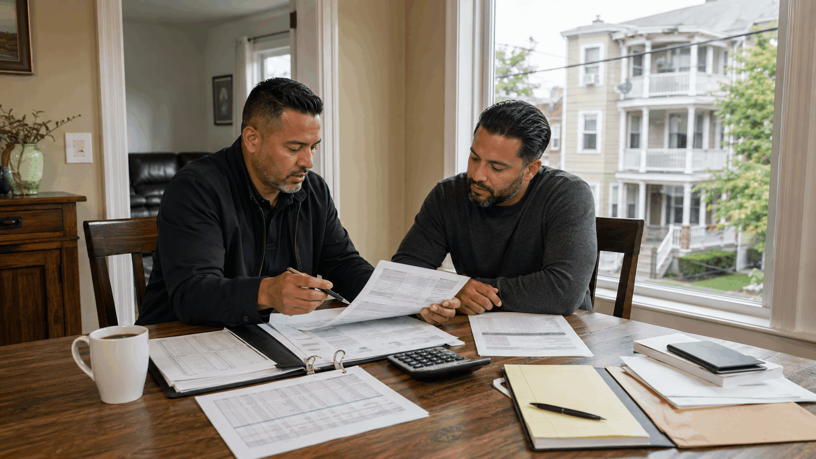 North Jersey real estate professional and landlord reviewing lease and rent documents at a kitchen table, with a Paterson multi-family home visible through the window.