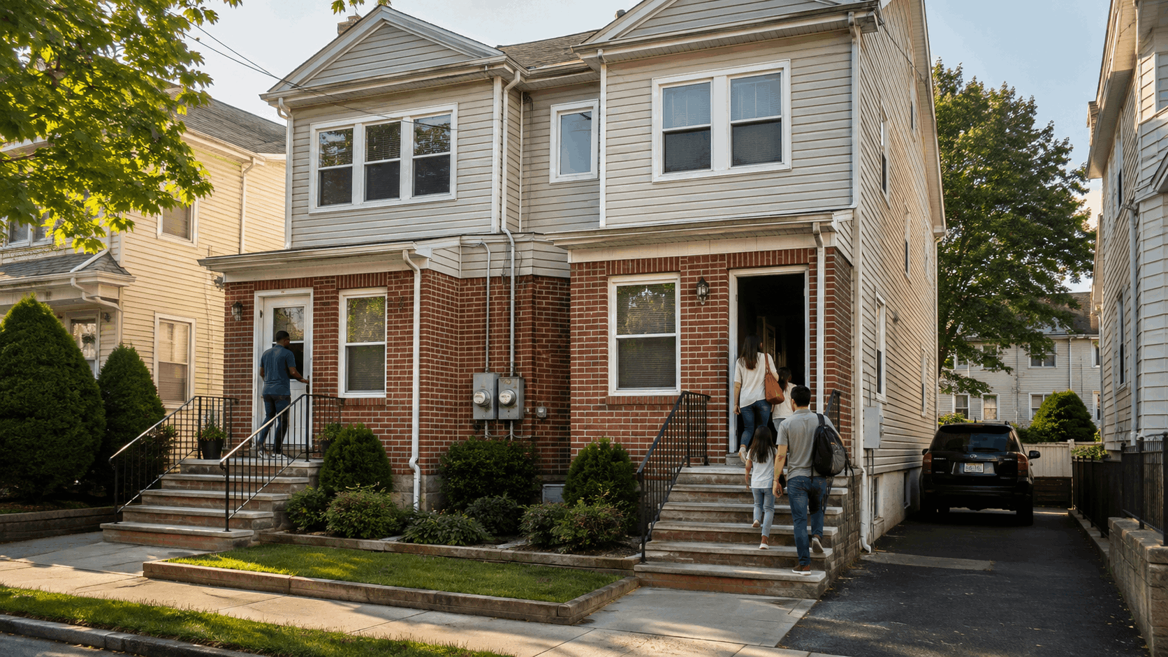 Updated Paterson NJ two-family home with separate entrances, two utility meters, a private driveway, and residents entering each unit.