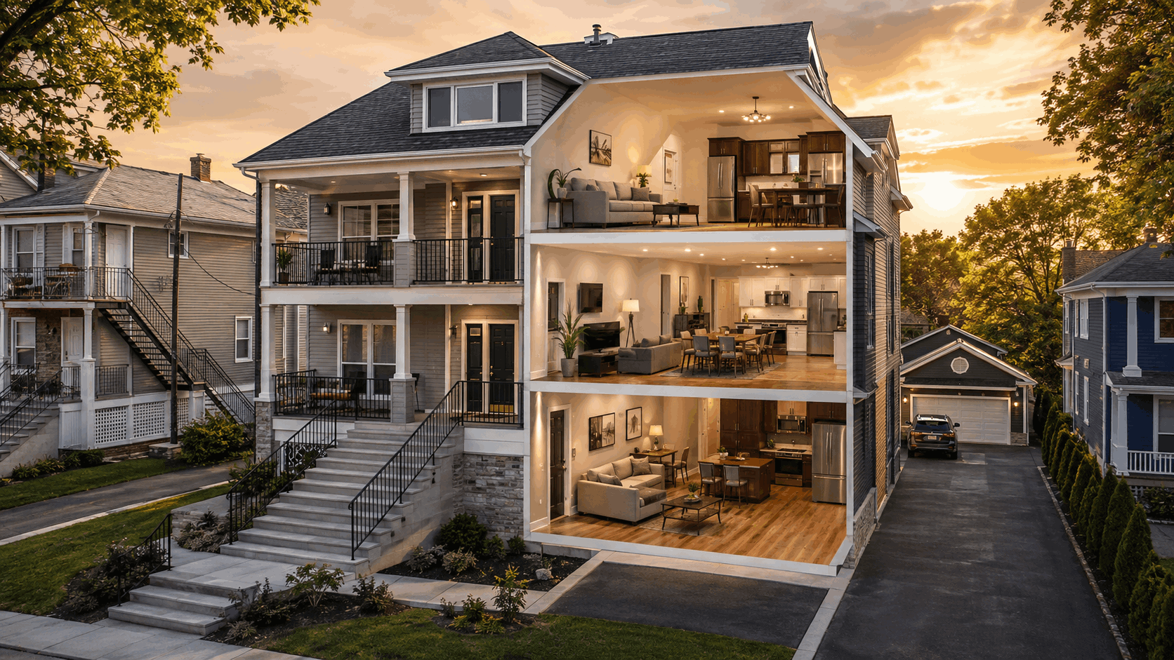 Renovated Paterson NJ three-family home with separate apartments, spacious driveway, detached garage, and modern interior layouts.