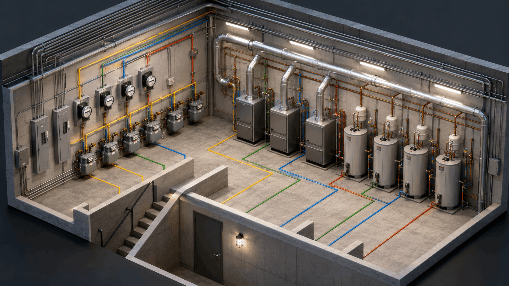 Isometric cutaway of a multi-family mechanical room with separate electric meters, gas meters, furnaces, water heaters, pipes, and utility lines for each apartment.