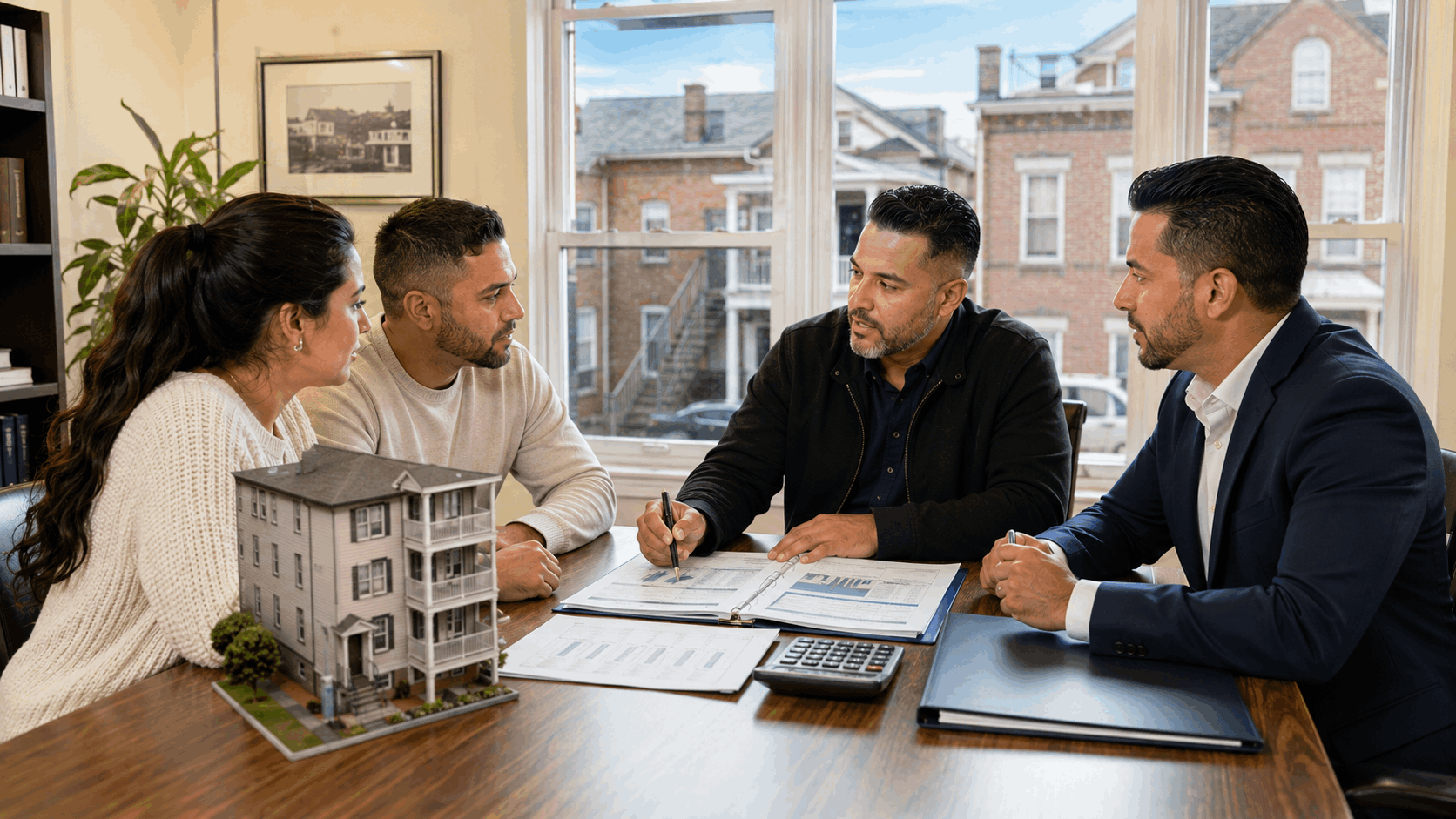 First-time homebuyers meeting with a mortgage professional and North Jersey real estate agent to review financing for a Paterson three-family home.