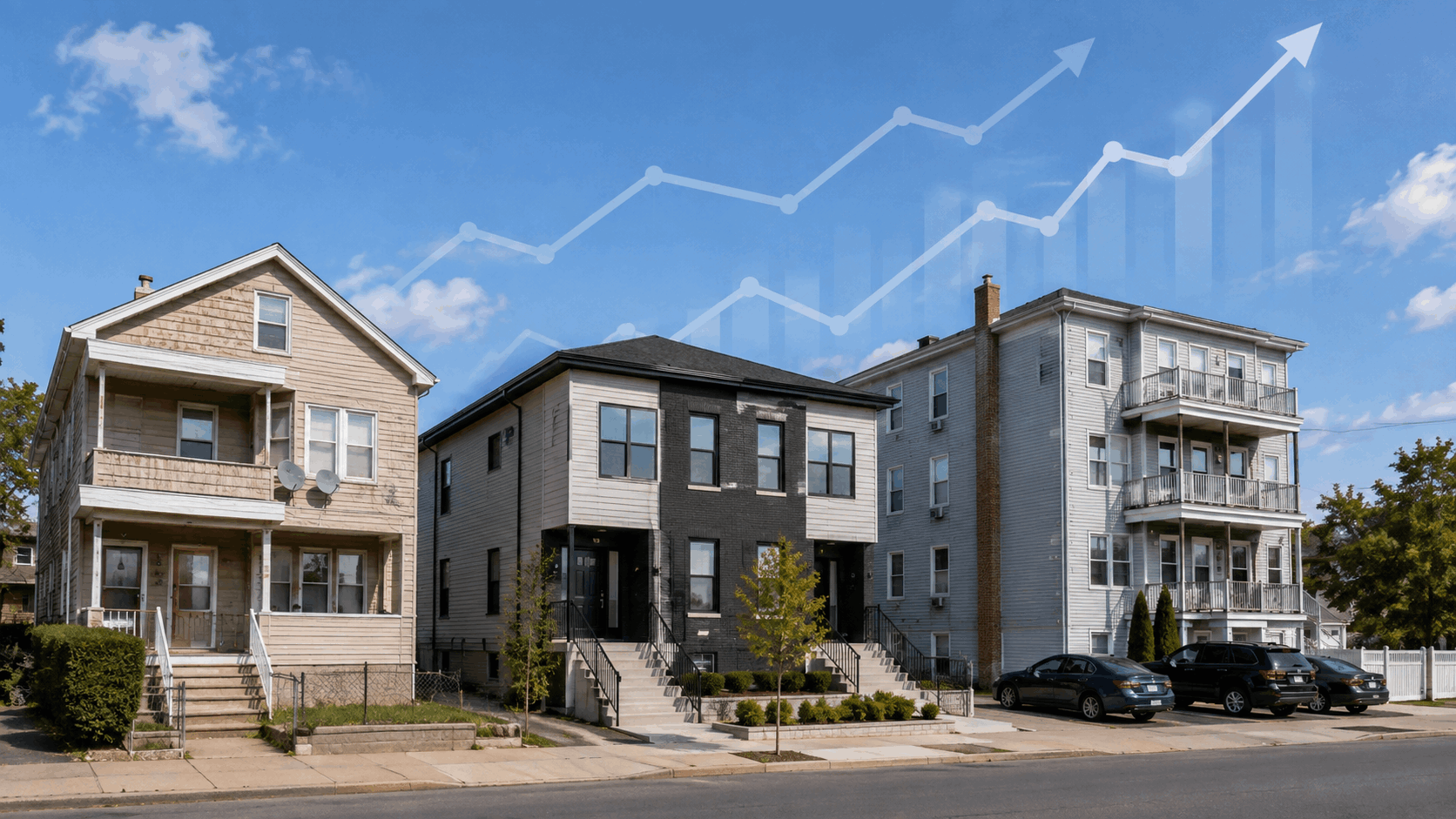 Paterson NJ multi-family homes at different price points with an upward housing market trend graphic.