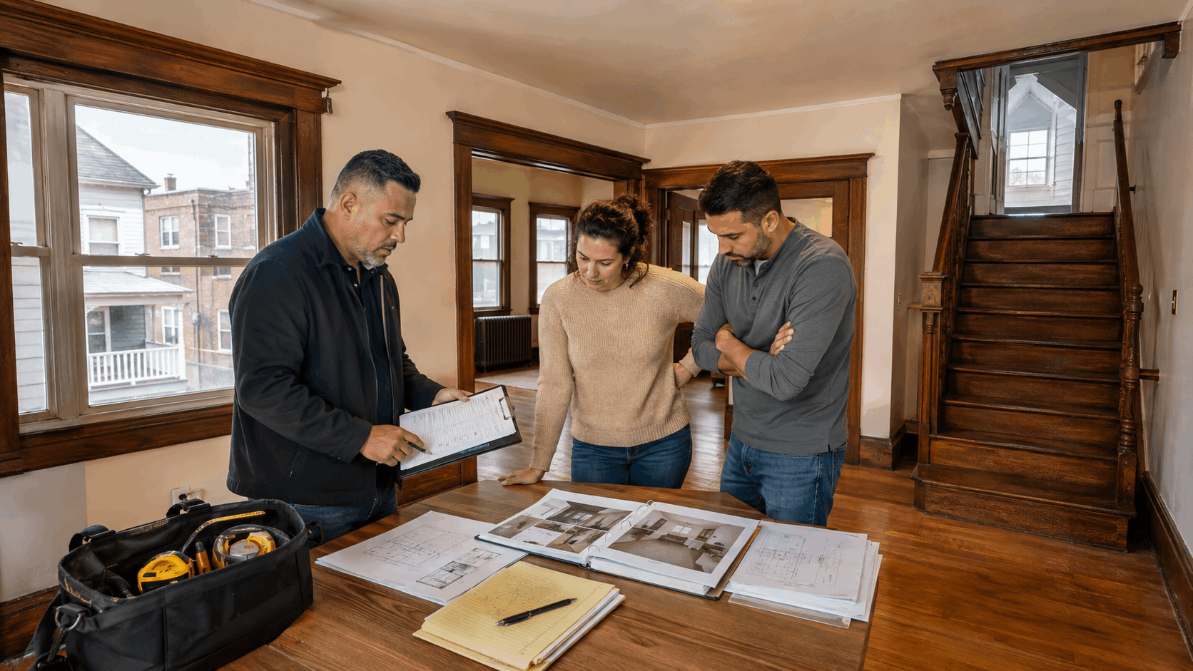 Home inspector reviewing property records and room layouts with buyers inside a Paterson NJ multi-family home with a staircase leading to a finished attic.