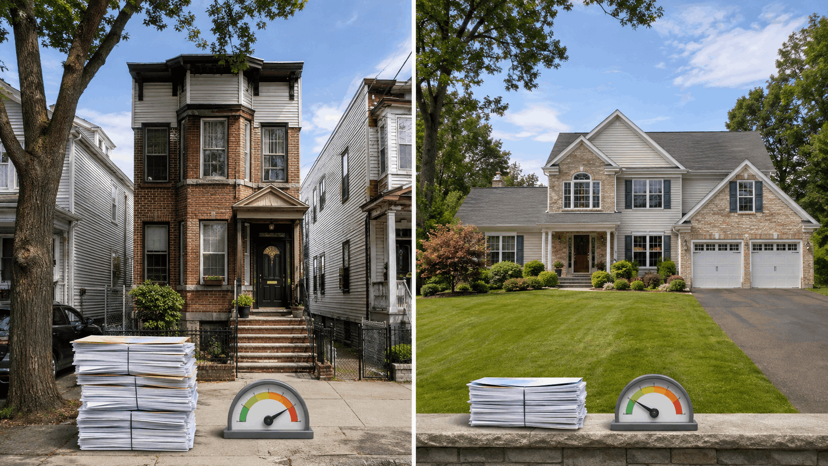 Side-by-side comparison of two similarly priced North Jersey homes, one on a narrow urban lot and one on a wider suburban lot, with document stacks and payment gauges illustrating different property tax burdens and monthly costs.