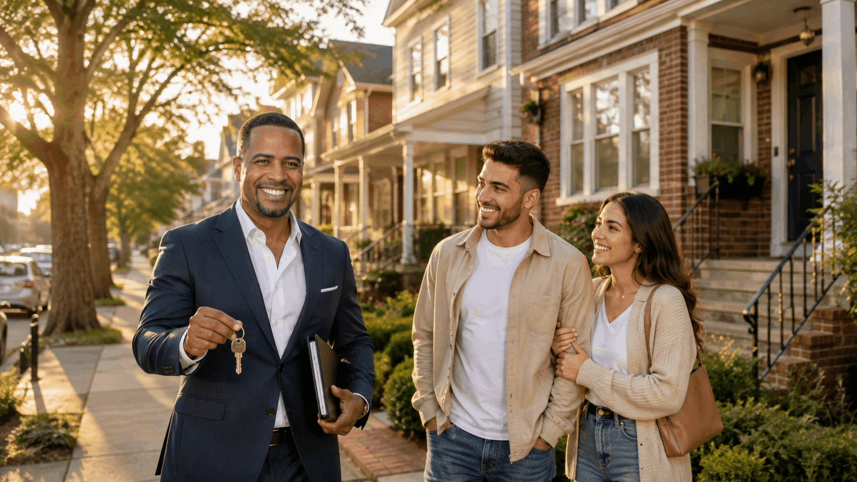 Johnny Rodriguez handing house keys to a happy first-time buyer couple outside their new North Jersey home at golden hour.