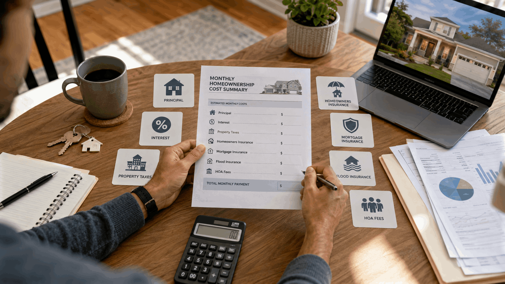 First-time New Jersey homebuyer reviewing mortgage, property taxes, insurance, HOA fees, and total monthly homeownership costs.