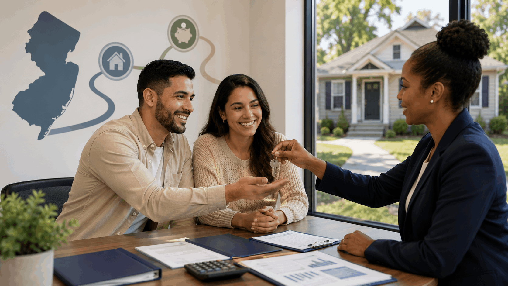 First-time New Jersey homebuyers receiving house keys during a homebuyer assistance consultation for a North Jersey starter home.
