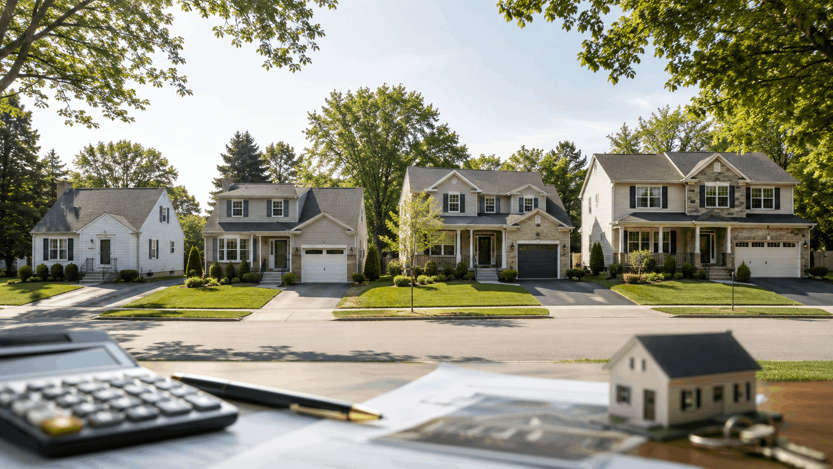 Four North Jersey homes shown left to right in a price progression from about $400,000 to $700,000, from a modest starter home to a larger updated suburban property, with calculator and homebuying documents in the foreground.