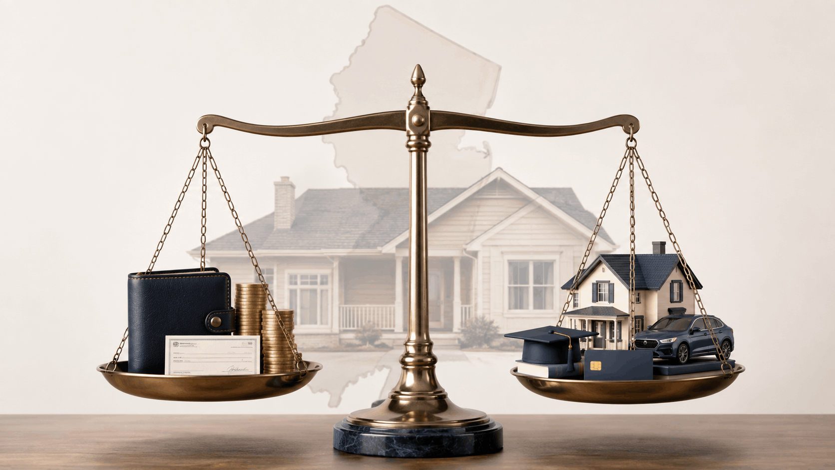 Balanced scale illustrating debt-to-income ratio for New Jersey homebuyers, with income on one side and mortgage, car payment, student loan, and credit card costs on the other.