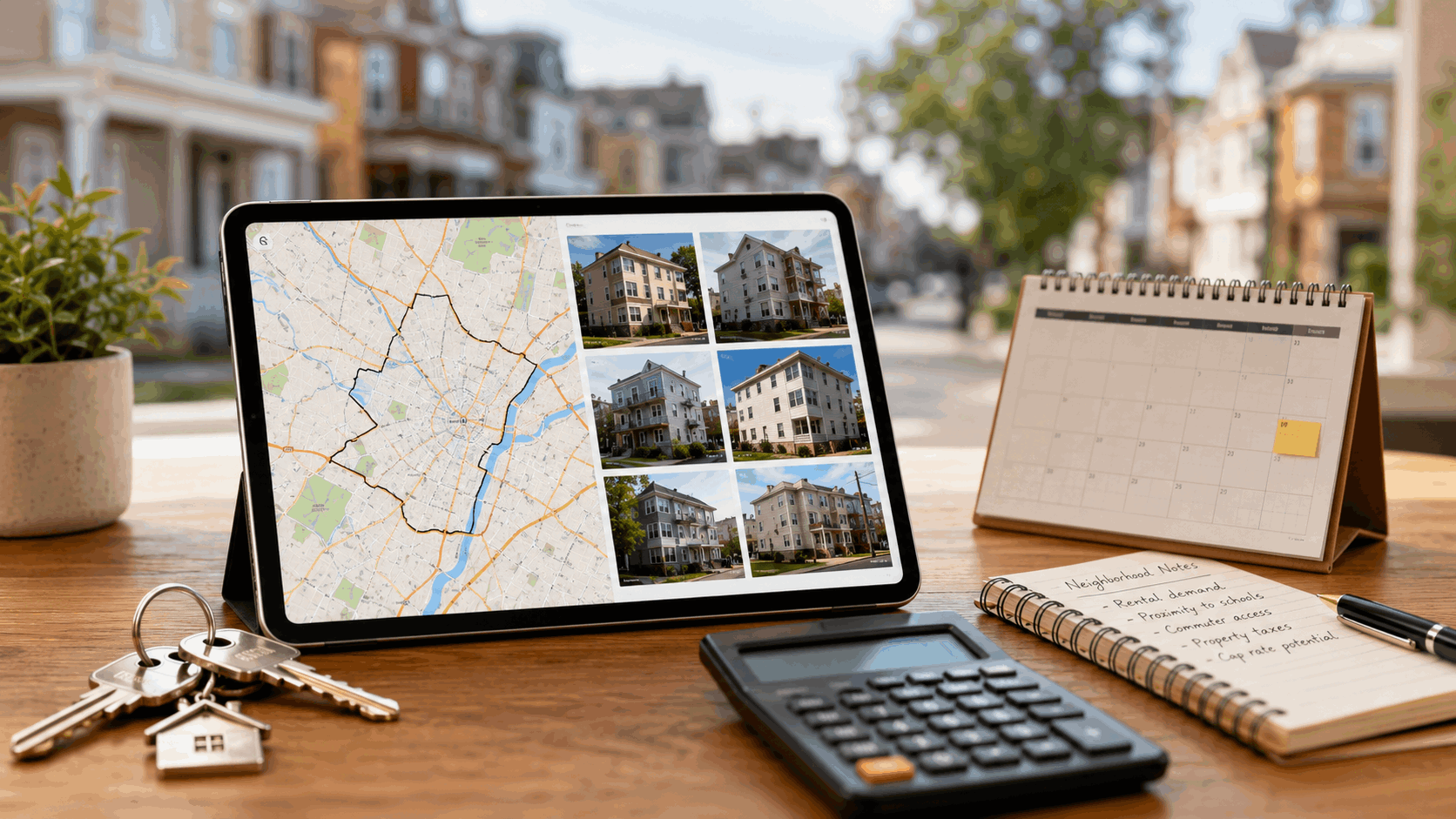 House keys beside a tablet showing a Paterson NJ map and multi-family property thumbnails, with a calendar, mortgage calculator, and neighborhood notes on a real estate desk.
