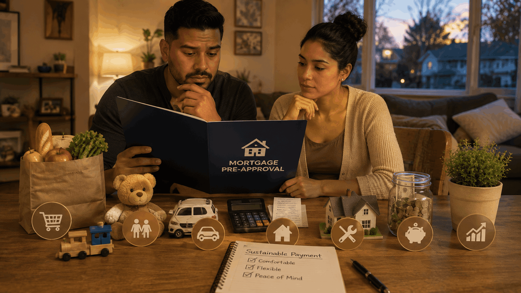 Couple reviewing a mortgage pre-approval folder alongside groceries, childcare, transportation, savings, and household expenses to choose a sustainable home payment.