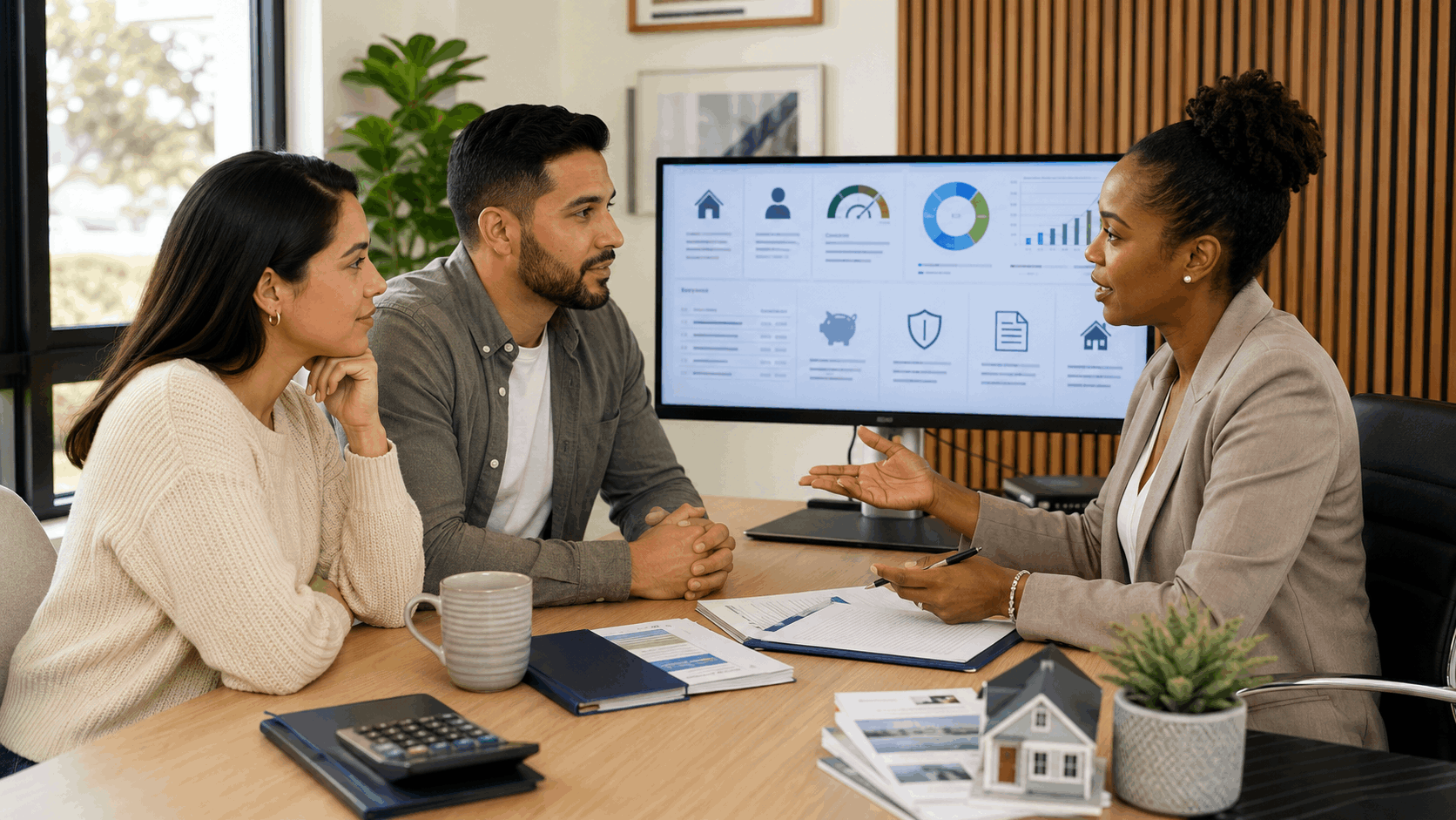 First-time New Jersey homebuyers meeting with a loan officer to review mortgage options, income, credit, debt, taxes, and insurance.