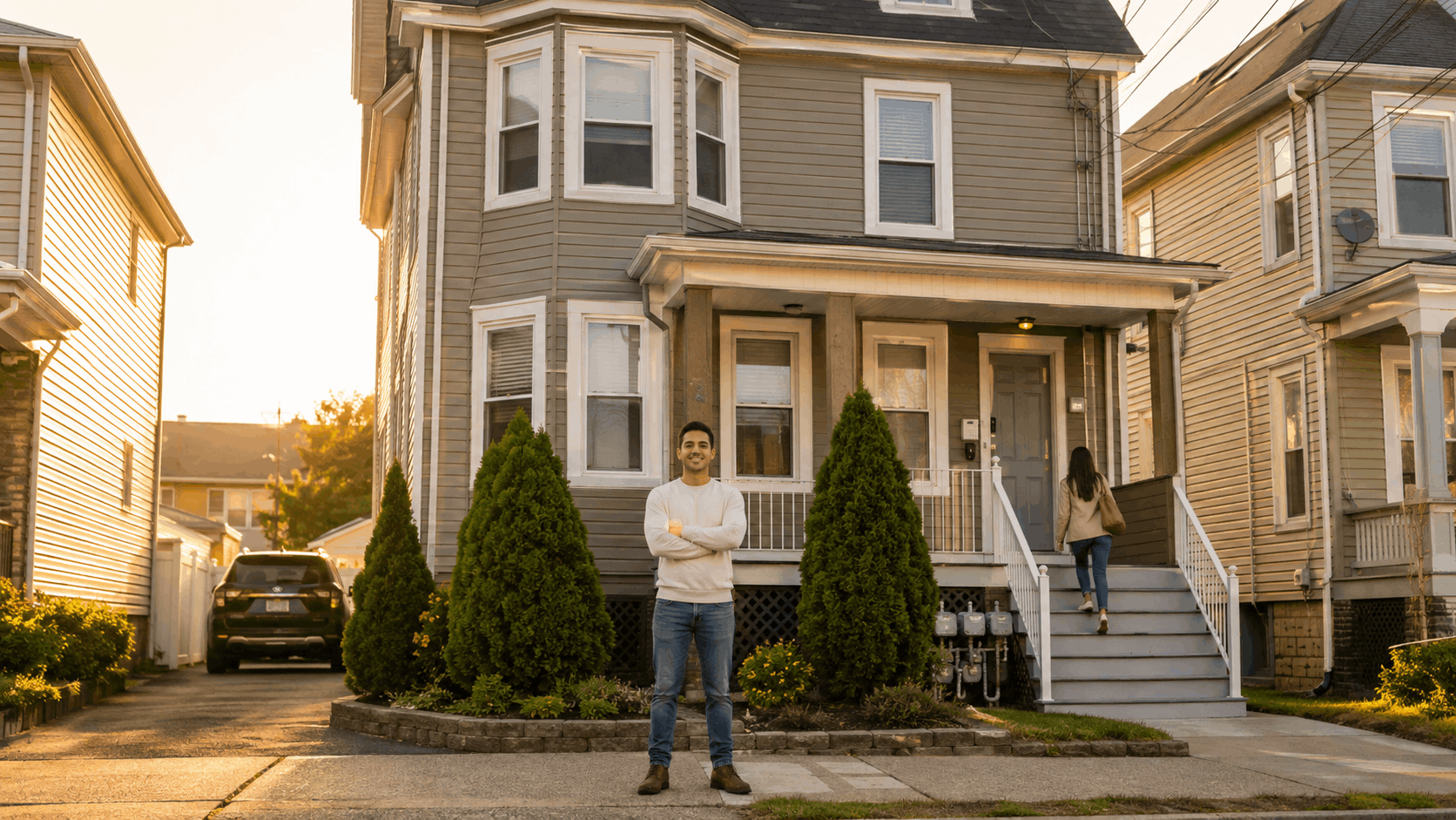 First-time buyer standing proudly in front of a North Jersey two-family home with separate entrances, driveway, utility meters, and a tenant entering the second unit, illustrating how rental income can help support homeownership.