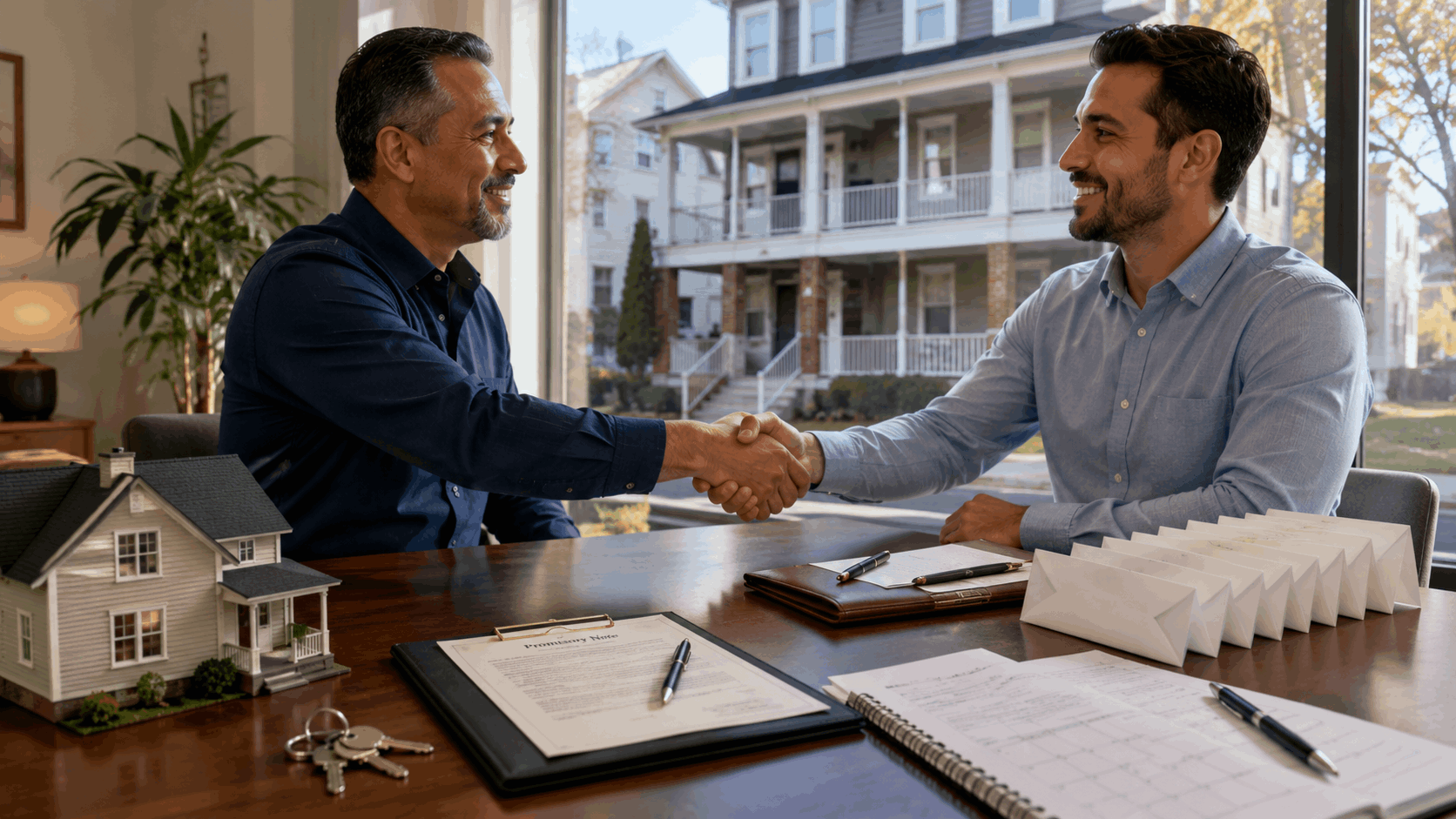 North Jersey landlord and qualified buyer shake hands over a seller-financing agreement with house keys, payment envelopes, closing documents, and a multifamily property in the background.