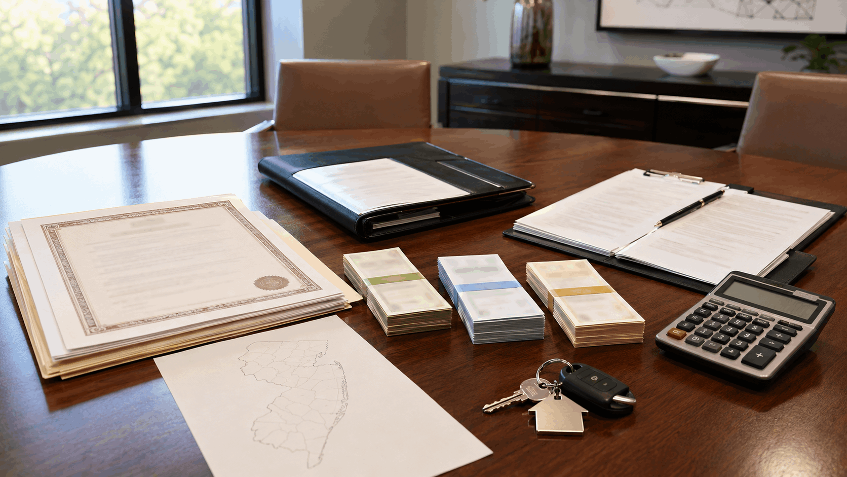 New Jersey rental property closing table with deed, state map, calculator, transfer documents, property keys, and organized settlement paperwork.