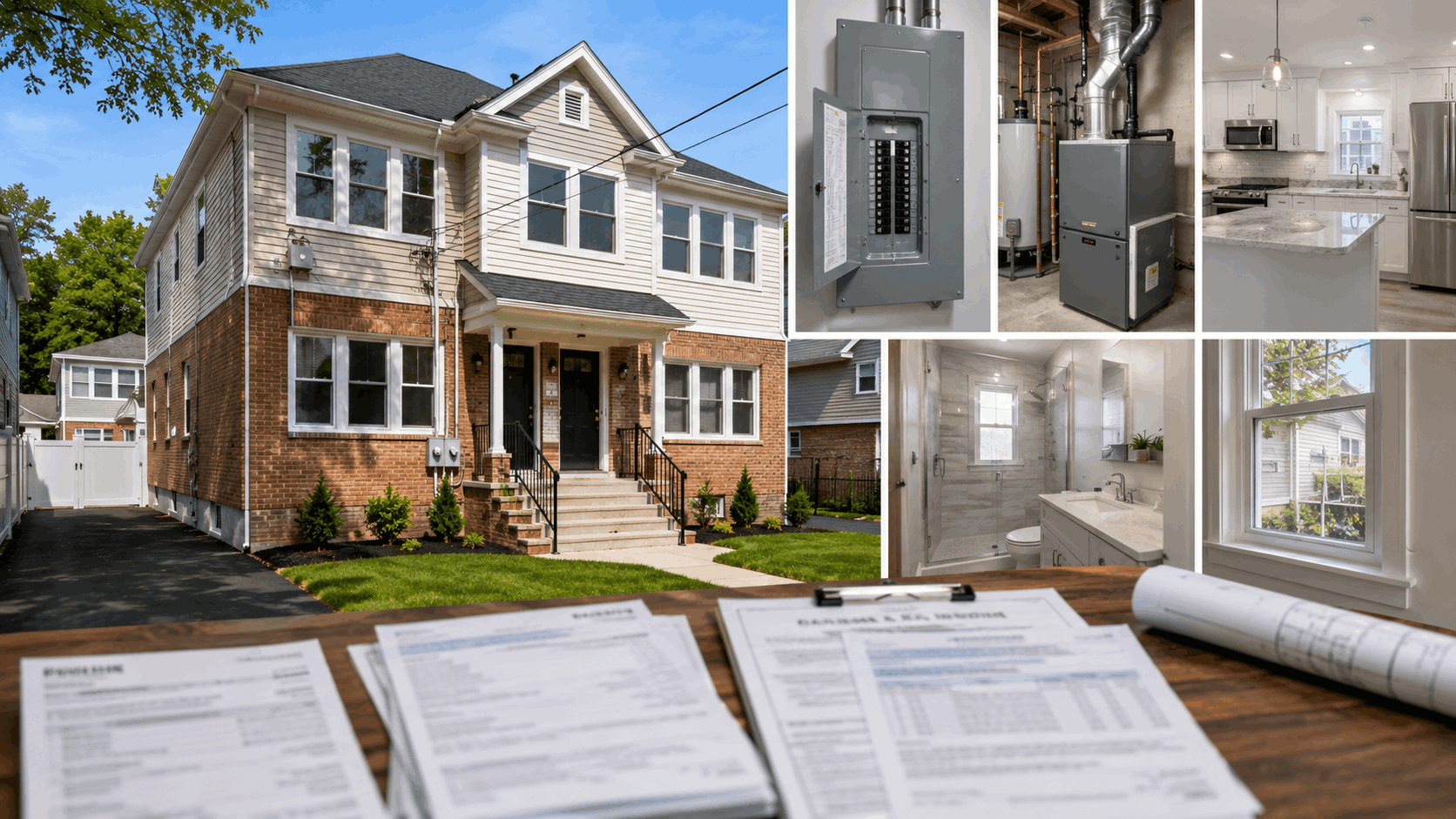 North Jersey multifamily rental property with capital improvements including a new roof, updated electrical panel, modern heating system, renovated kitchen and bathroom, replacement windows, improved driveway, and blurred contractor invoices in the foreground.
